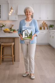 Woman holding a book titled 'Time to Downsize' in a kitchen. elevated agent