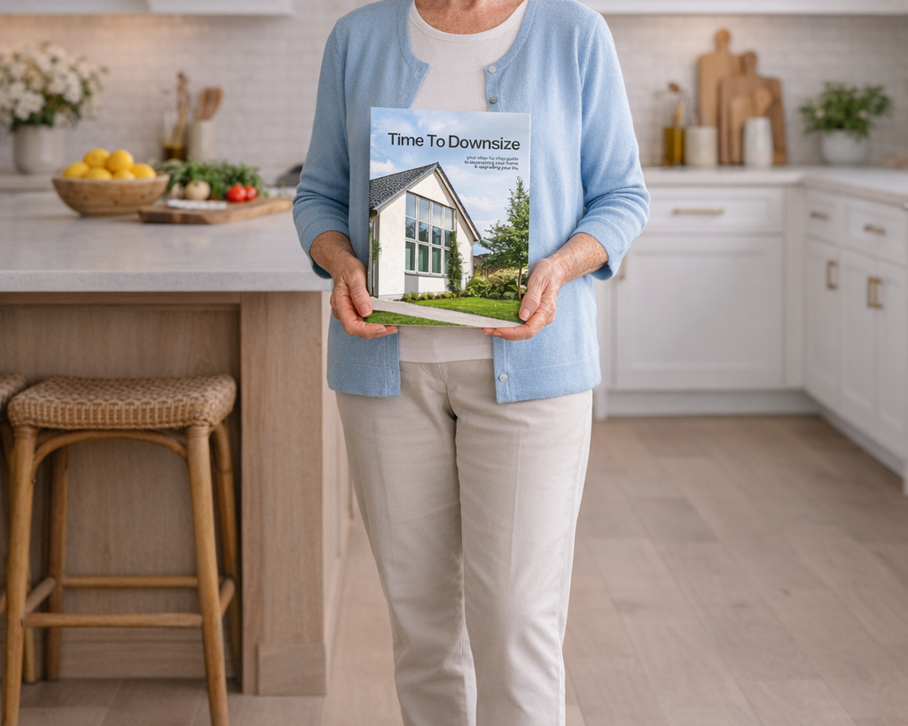 Woman holding a book titled 'Time to Downsize' in a kitchen. elevated agent