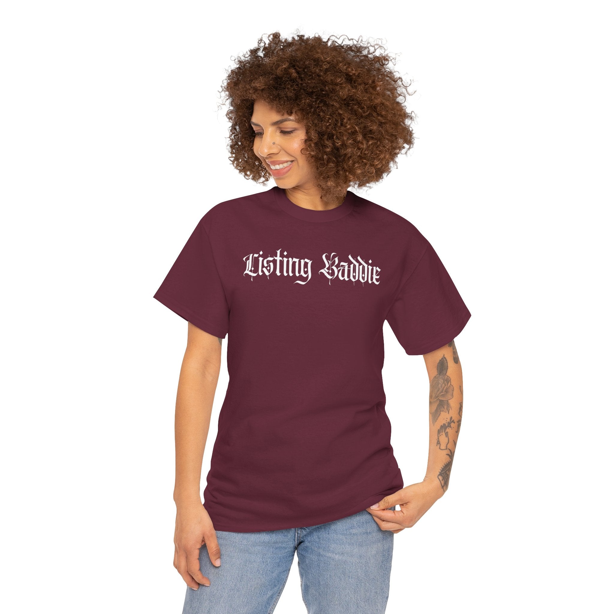 Listing Baddie Gothic Script White T-Shirt