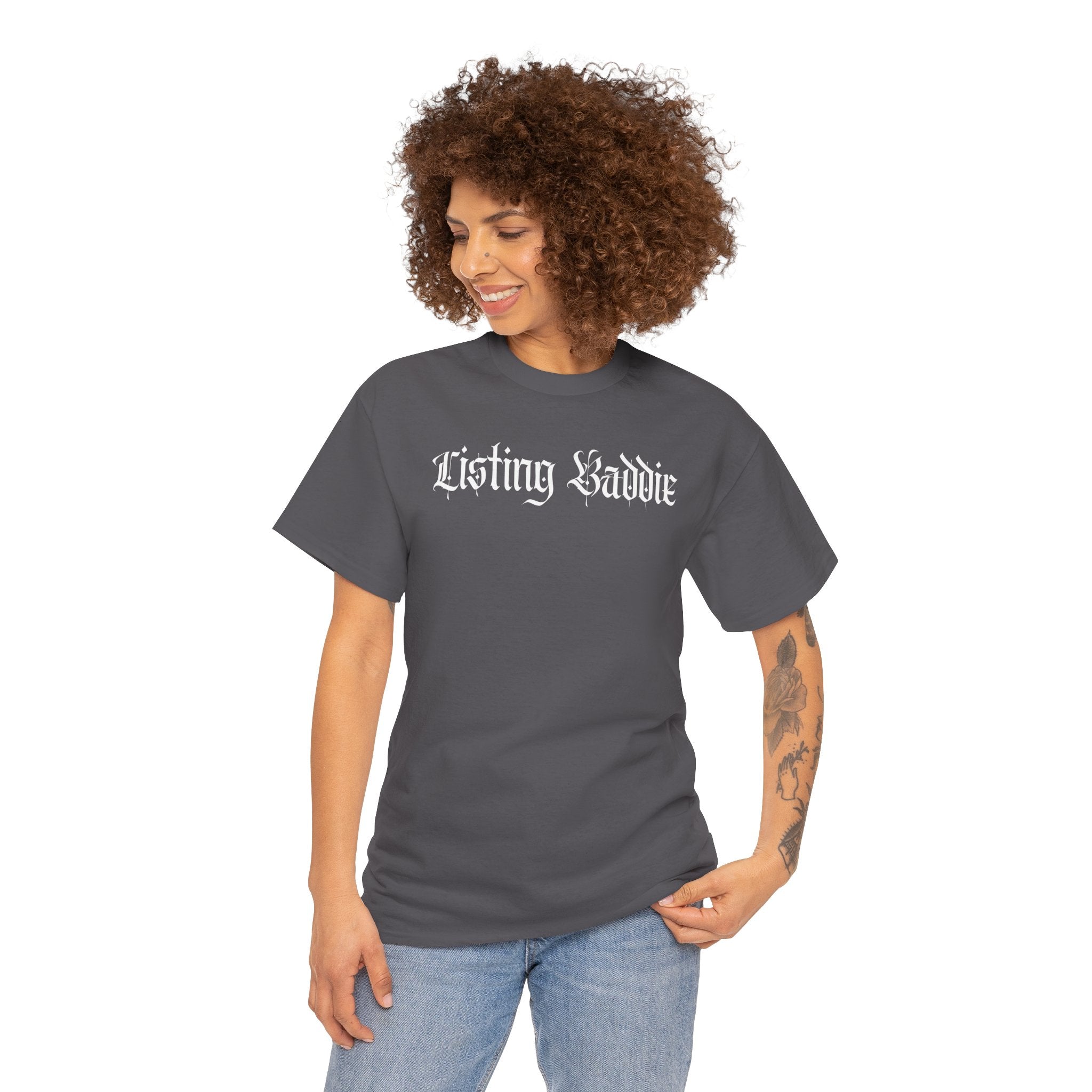 Listing Baddie Gothic Script White T-Shirt