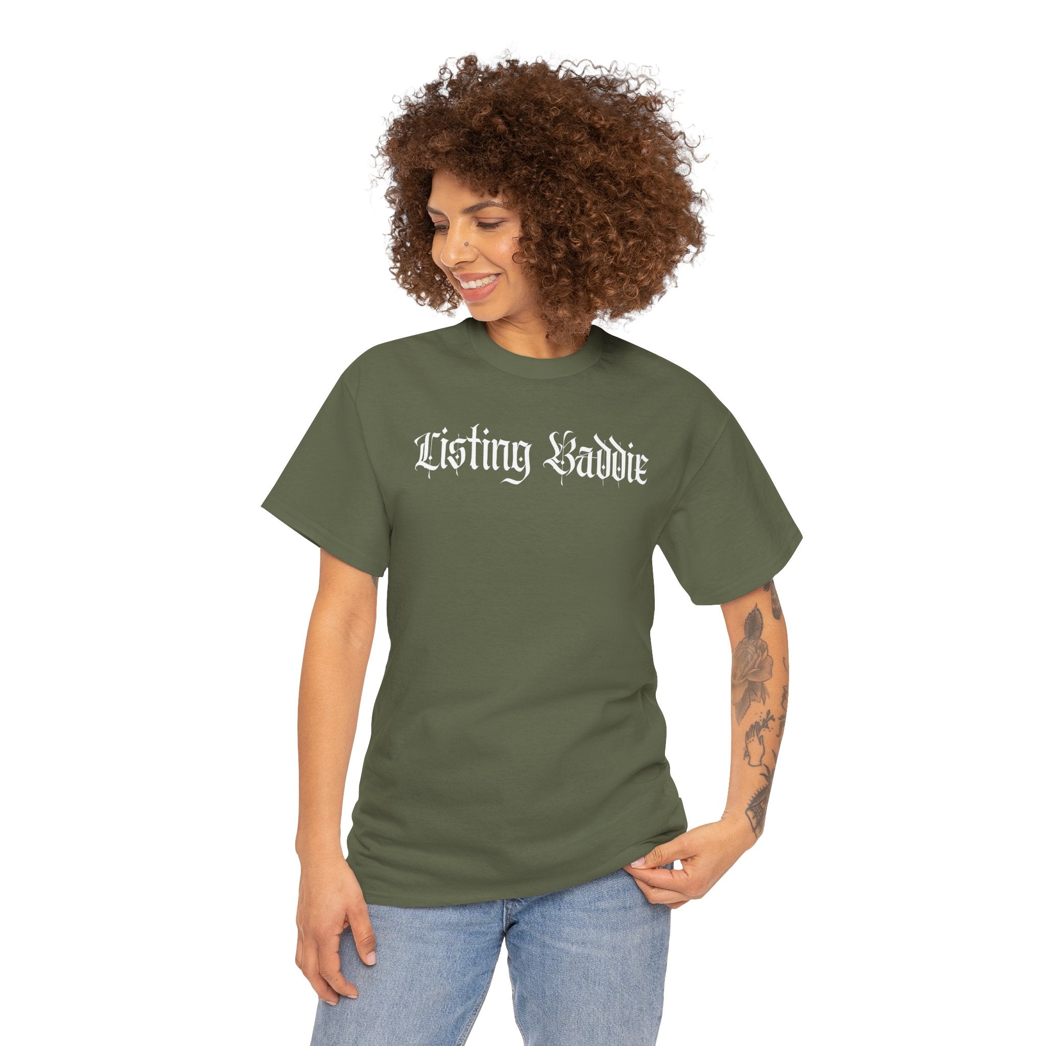 Listing Baddie Gothic Script White T-Shirt