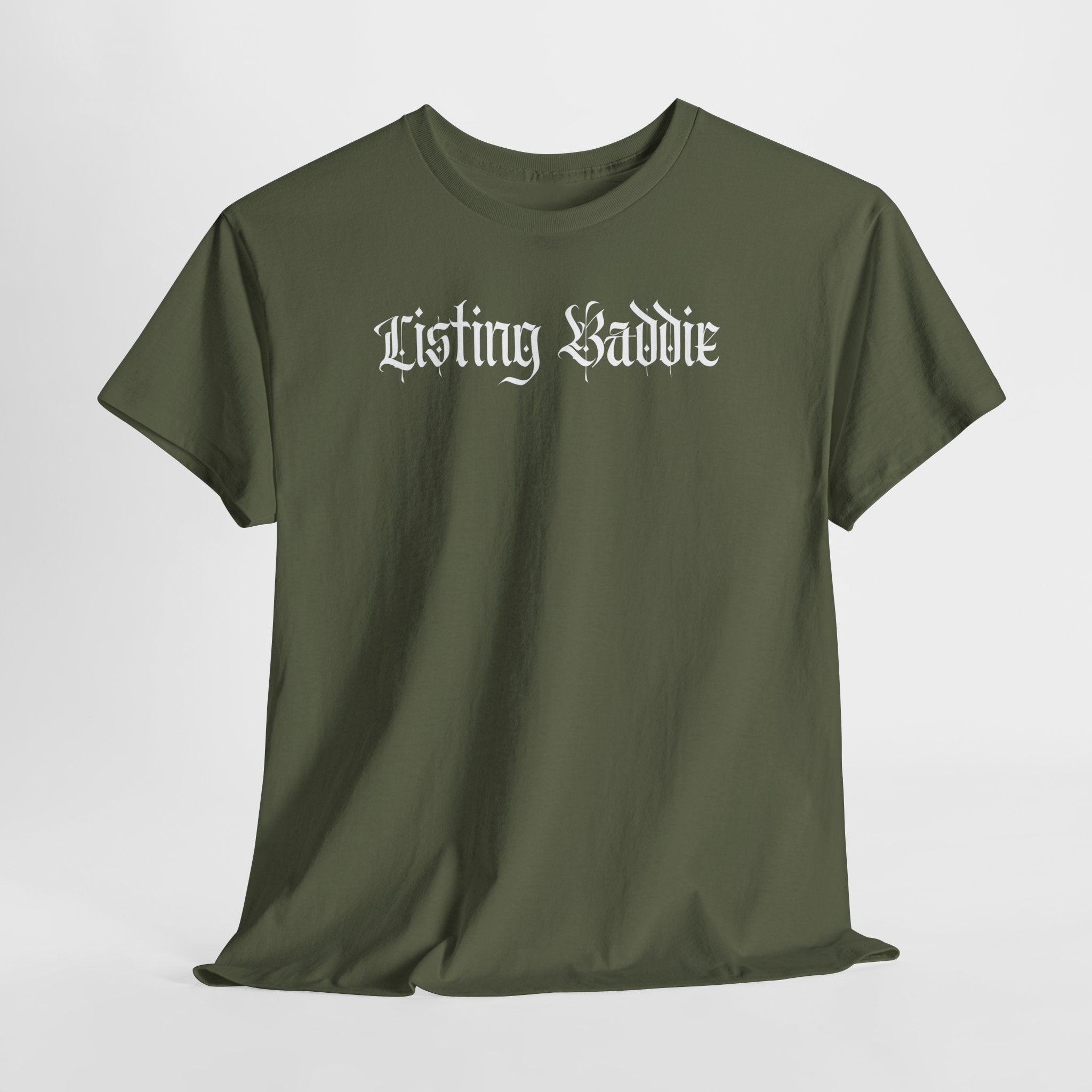 Listing Baddie Gothic Script White T-Shirt