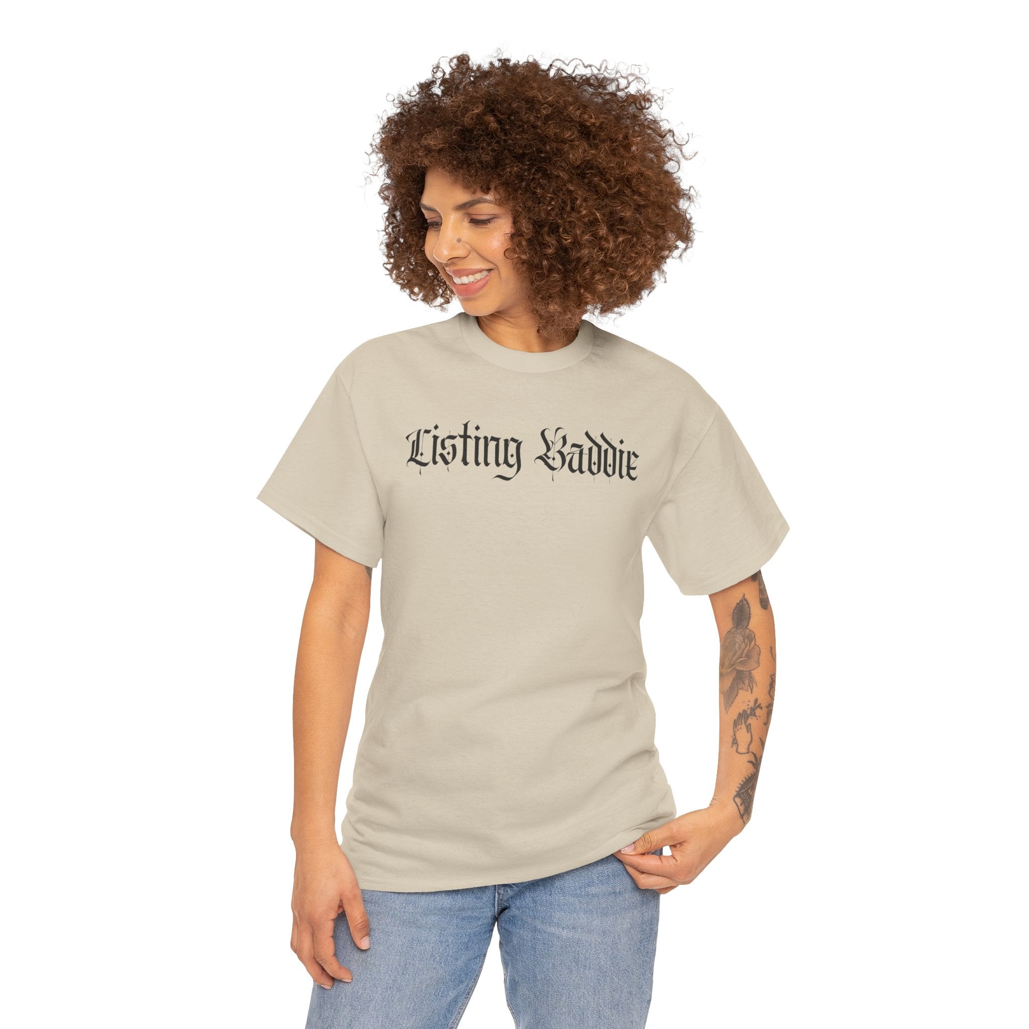 Listing Baddie Gothic Script White T-Shirt