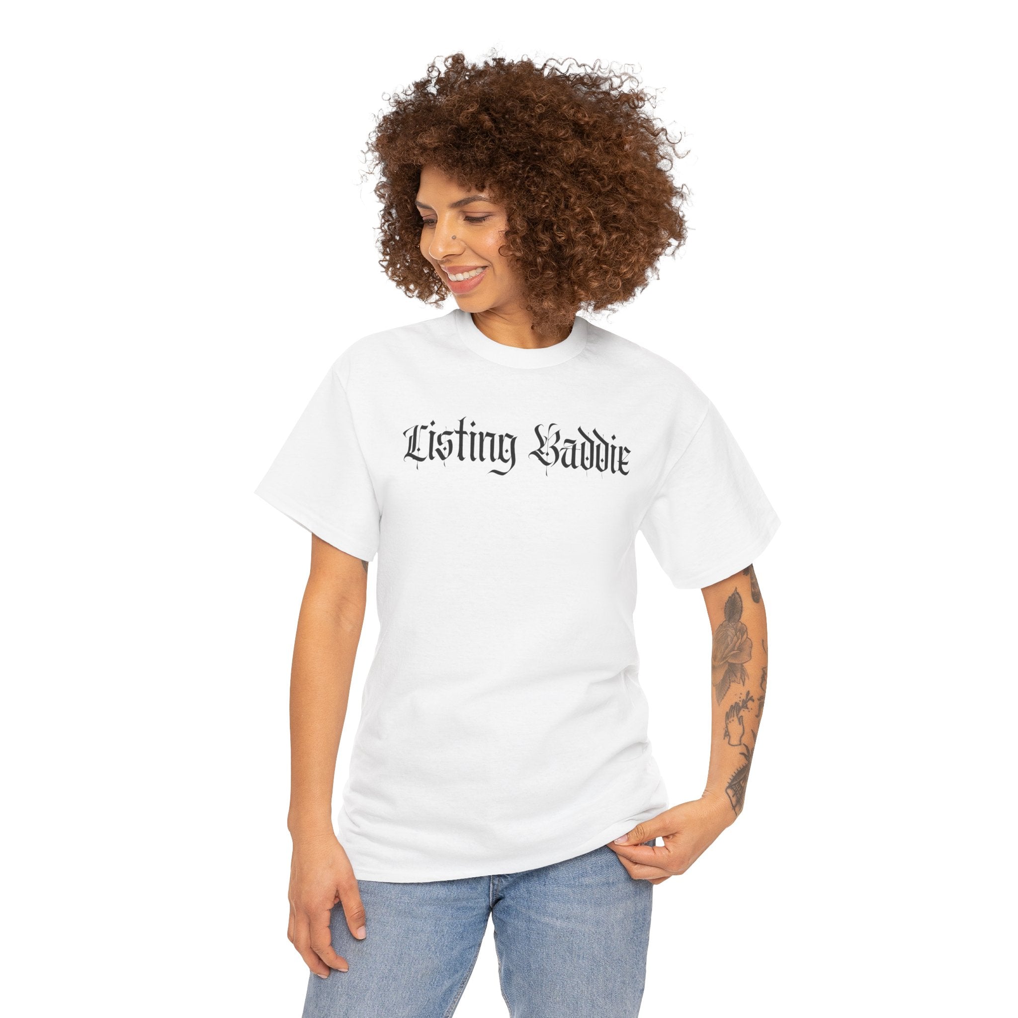 Listing Baddie Gothic Script White T-Shirt