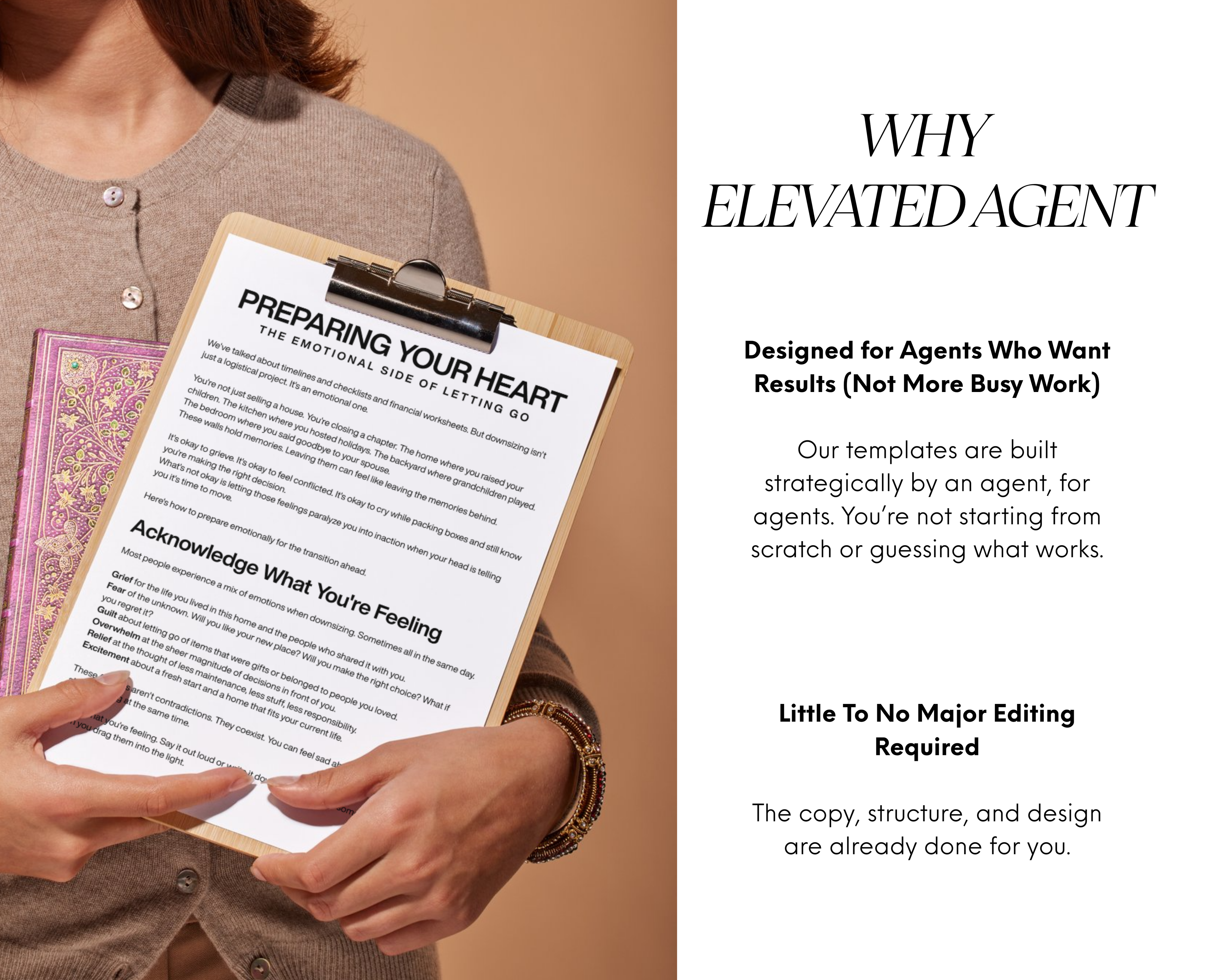 Person holding a clipboard with a document titled 'Preparing Your Heart' against a beige background. elevated agent