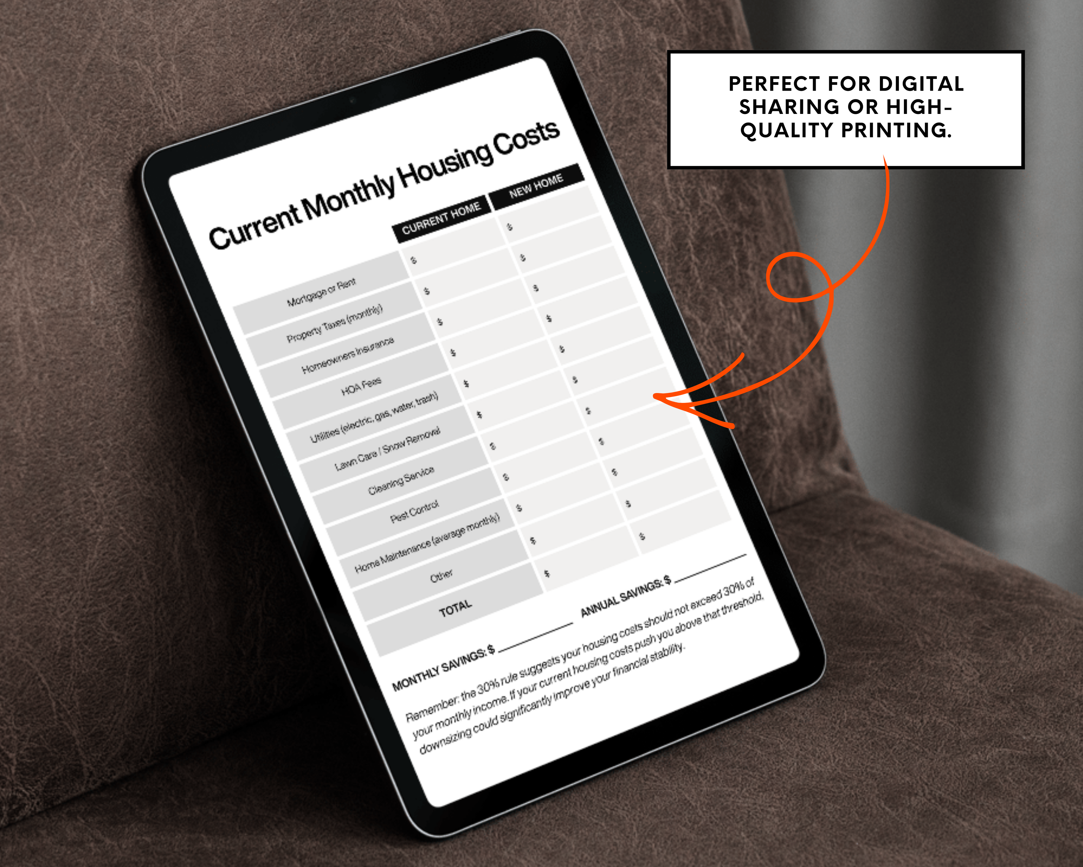 Digital tablet displaying a form for current monthly housing costs on a brown surface. elevated agent