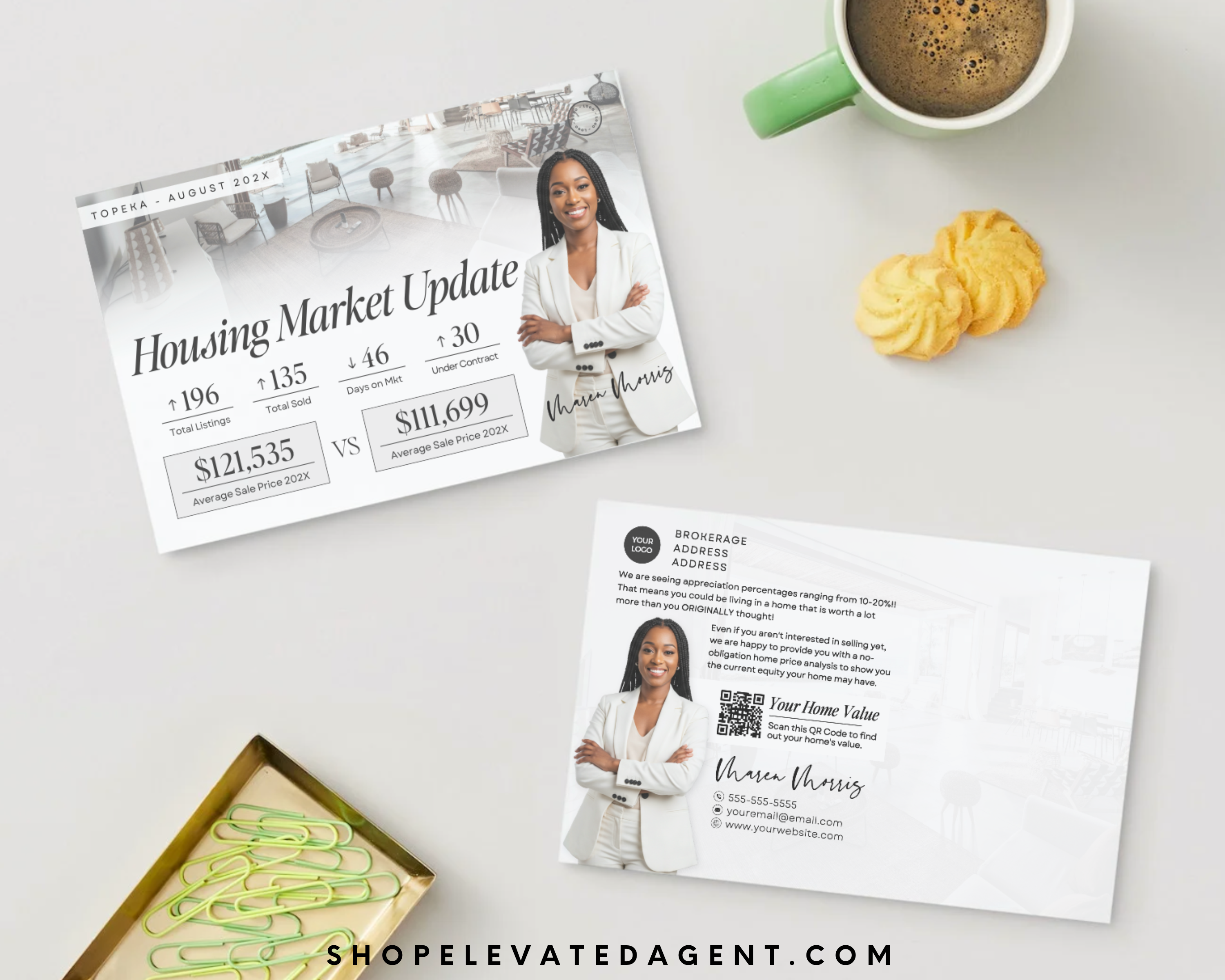 Real estate market update flyer and business card on a desk with coffee and cookies.
