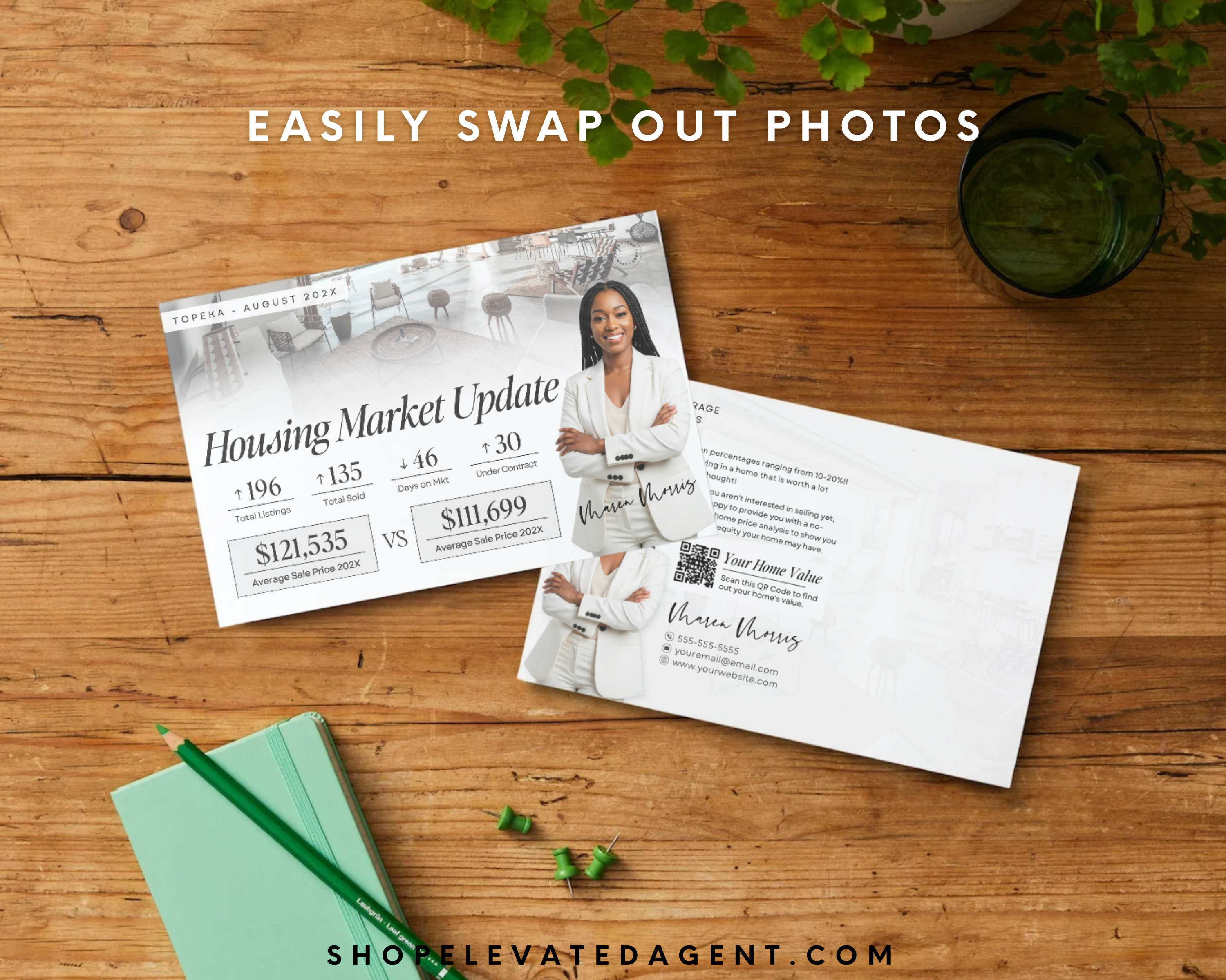 Real estate flyer on a wooden surface with text 'EASILY SWAP OUT PHOTOS' and 'SHOREELEVATEDAGENT.COM'.