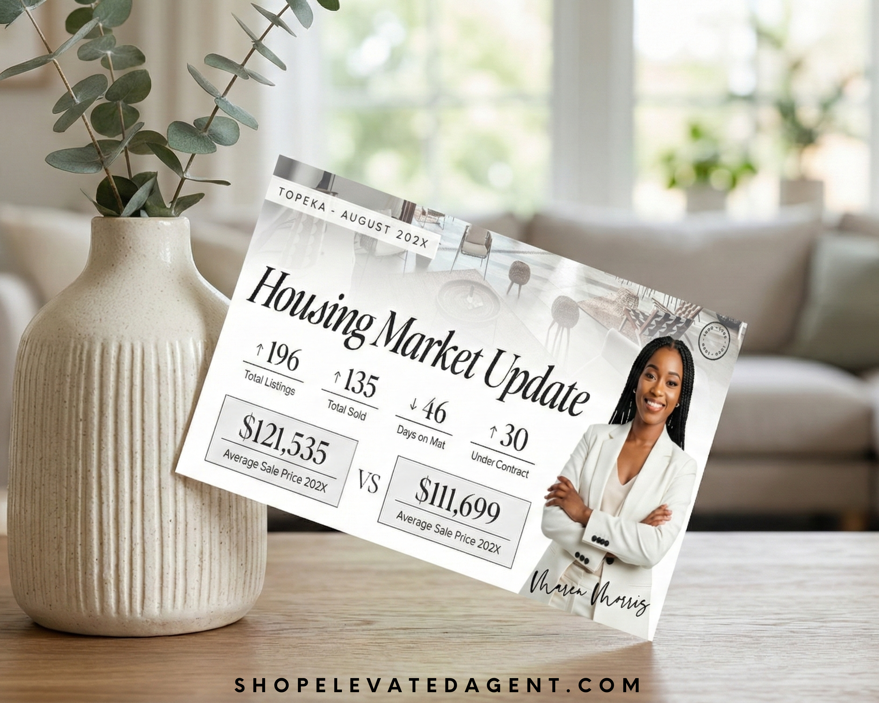 Real Estate Housing market update card with a woman's photo on a table with a vase and plant in the background