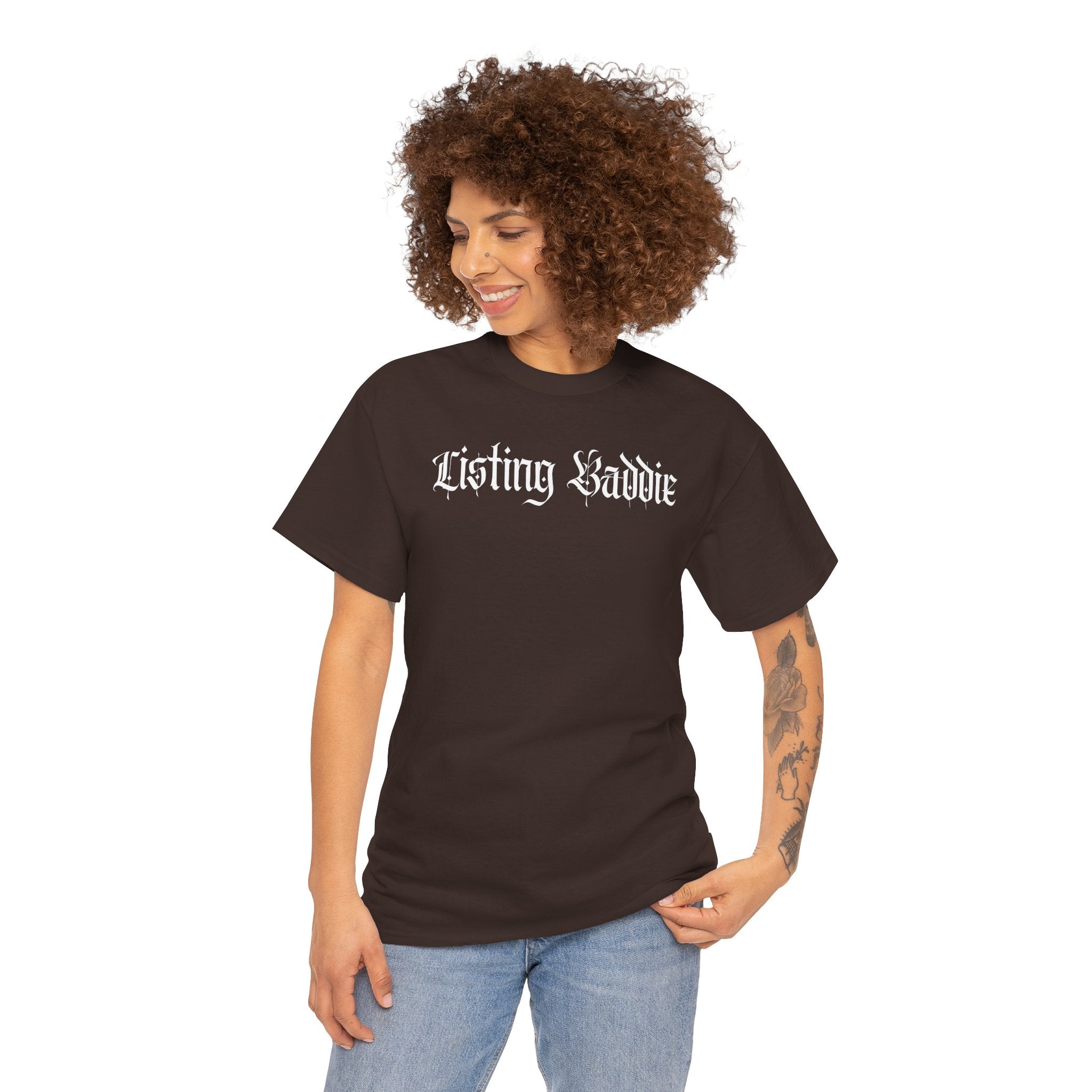 Listing Baddie Gothic Script White T-Shirt