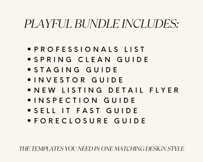 Real Estate Pink Templates Bundle with professional list, cleaning guide, staging guide, investor guide, new listing flyer, inspection guide, sell fast guide, foreclosure guide