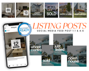 Real estate social media feed posts with various stages of home listings displayed on a smartphone screen.