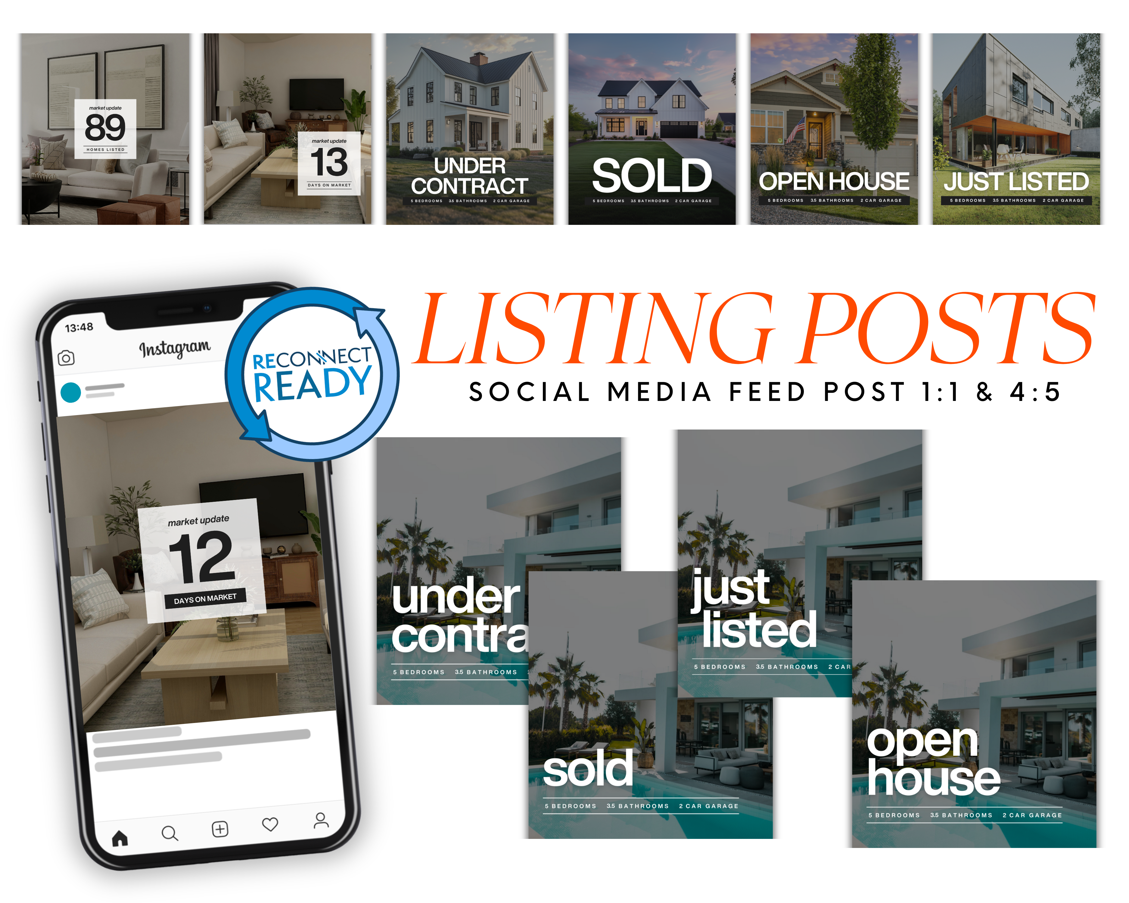 Real estate social media feed posts with various stages of home listings displayed on a smartphone screen.
