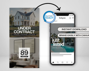 Real estate marketing materials with 'Under Contract' and 'Just Listed' text, and a smartphone displaying an app interface.