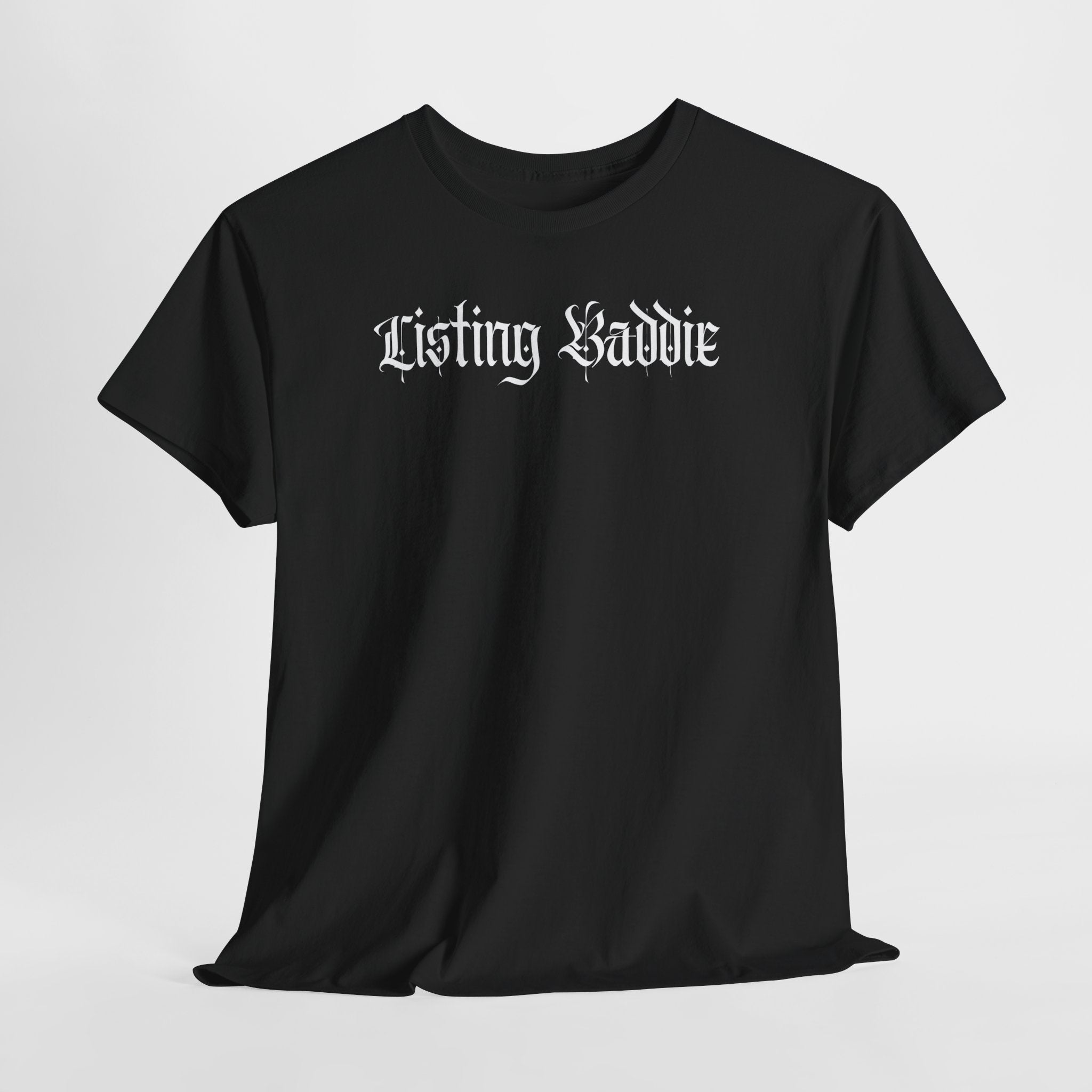 Listing Baddie Gothic Script White T-Shirt