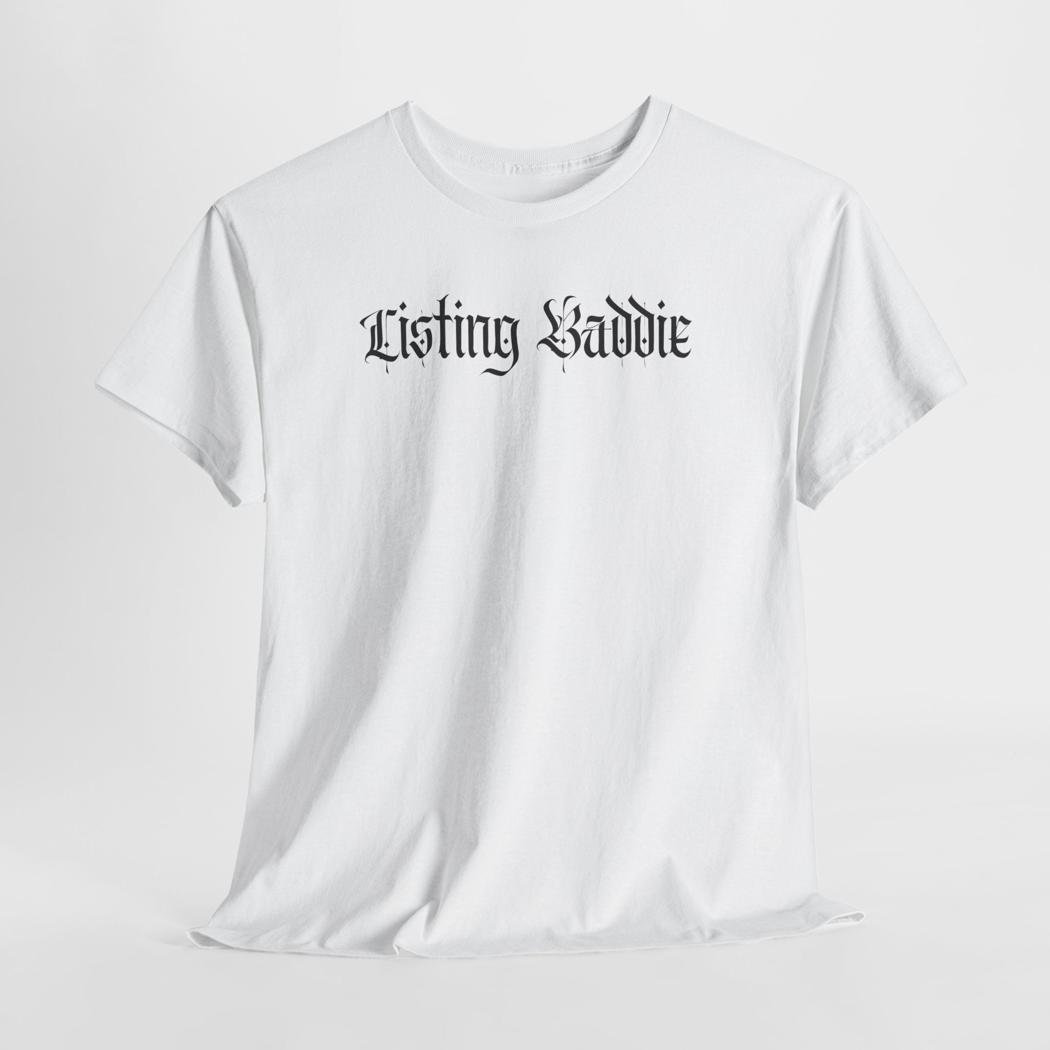 Listing Baddie Gothic Script White T-Shirt