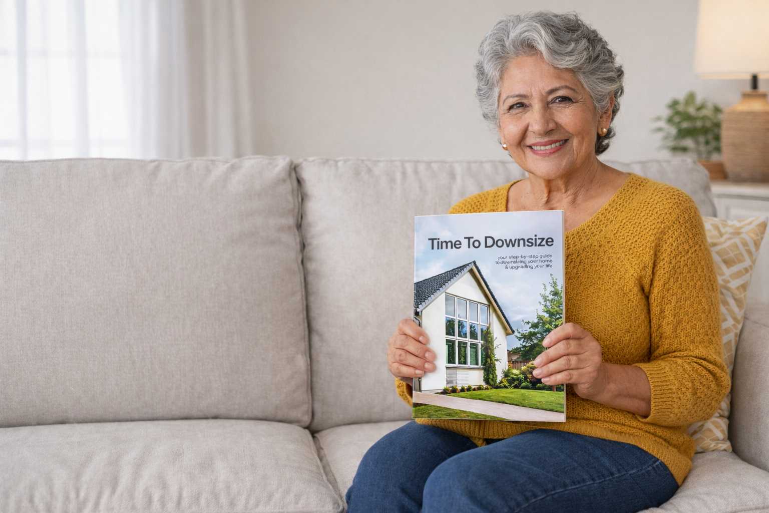 Woman holding a book titled 'Time to Downsize' on a couch elevated agent