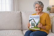Woman holding a book titled 'Time to Downsize' on a couch elevated agent