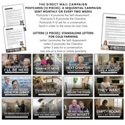 Direct mail campaign for real estate agents showing 12 sequential postcards and 3 letters for cold farming to aging homeowners with emotional headlines about downsizing