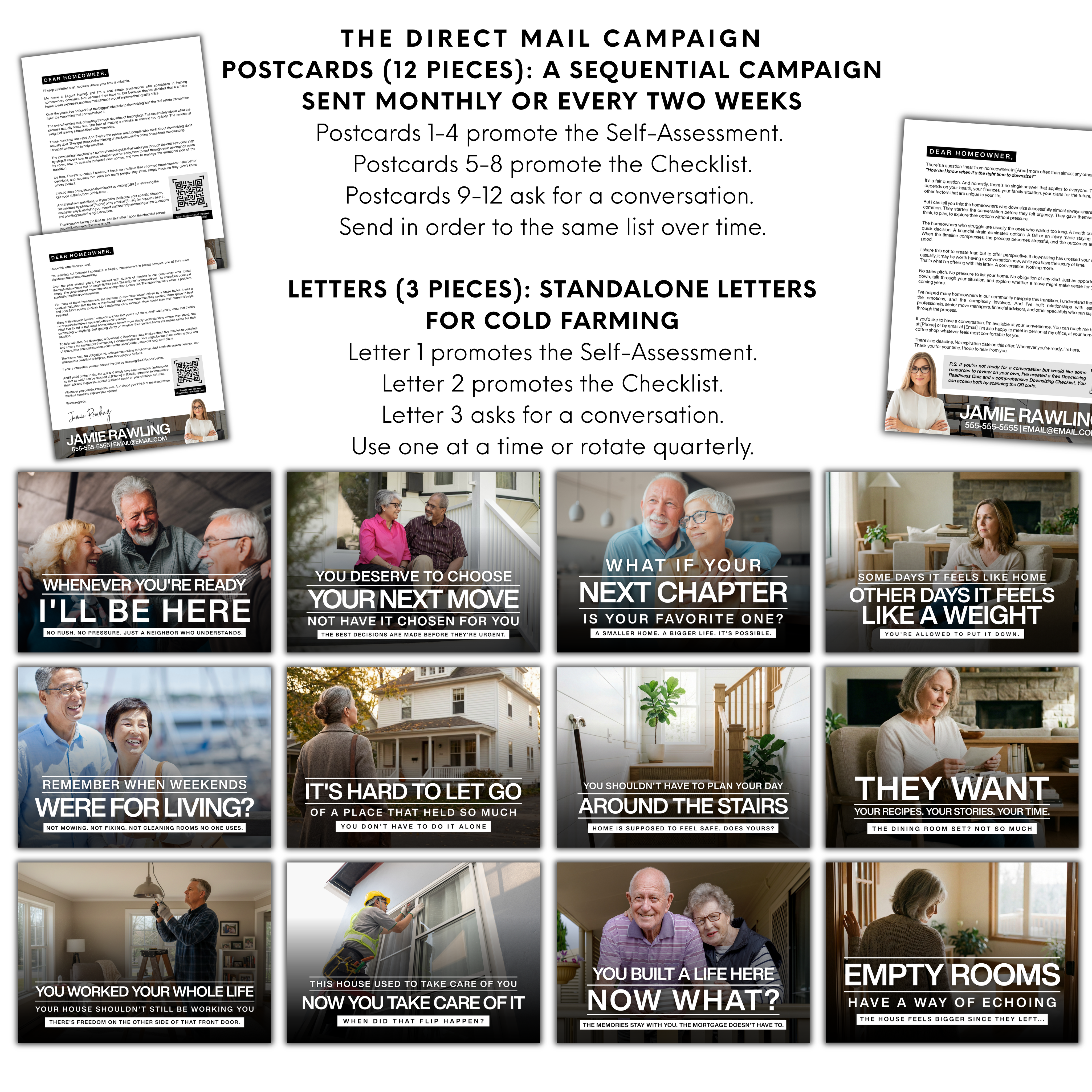 Direct mail campaign for real estate agents showing 12 sequential postcards and 3 letters for cold farming to aging homeowners with emotional headlines about downsizing