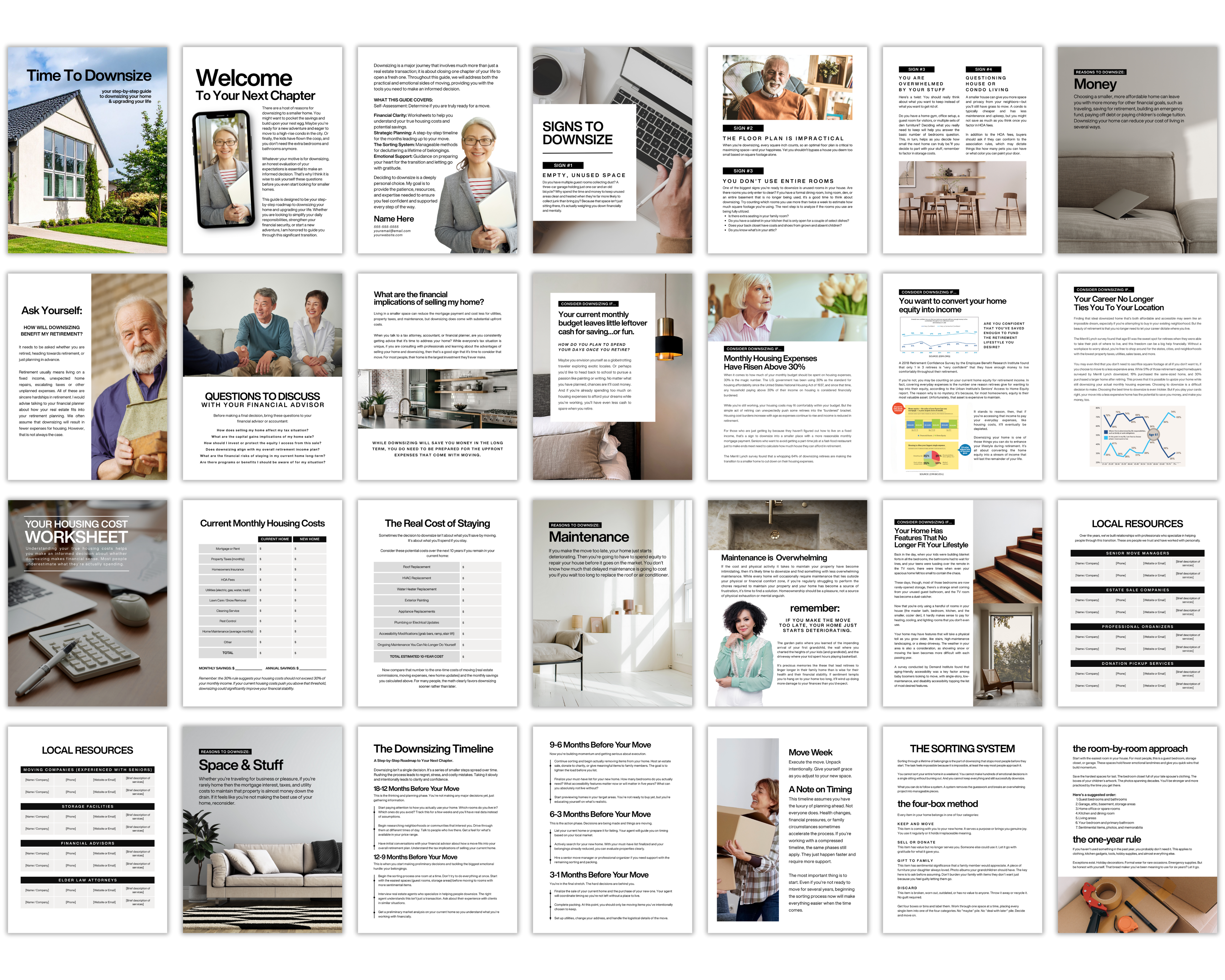 Interior pages of the downsizing guide for real estate agents showing housing cost worksheet, financial questions, local resources directory, sorting system, and timeline for senior homeowners