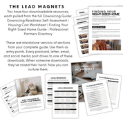 Four downloadable lead magnets for real estate agents including downsizing self-assessment, housing cost worksheet, finding your right-sized home guide, and professional partners directory