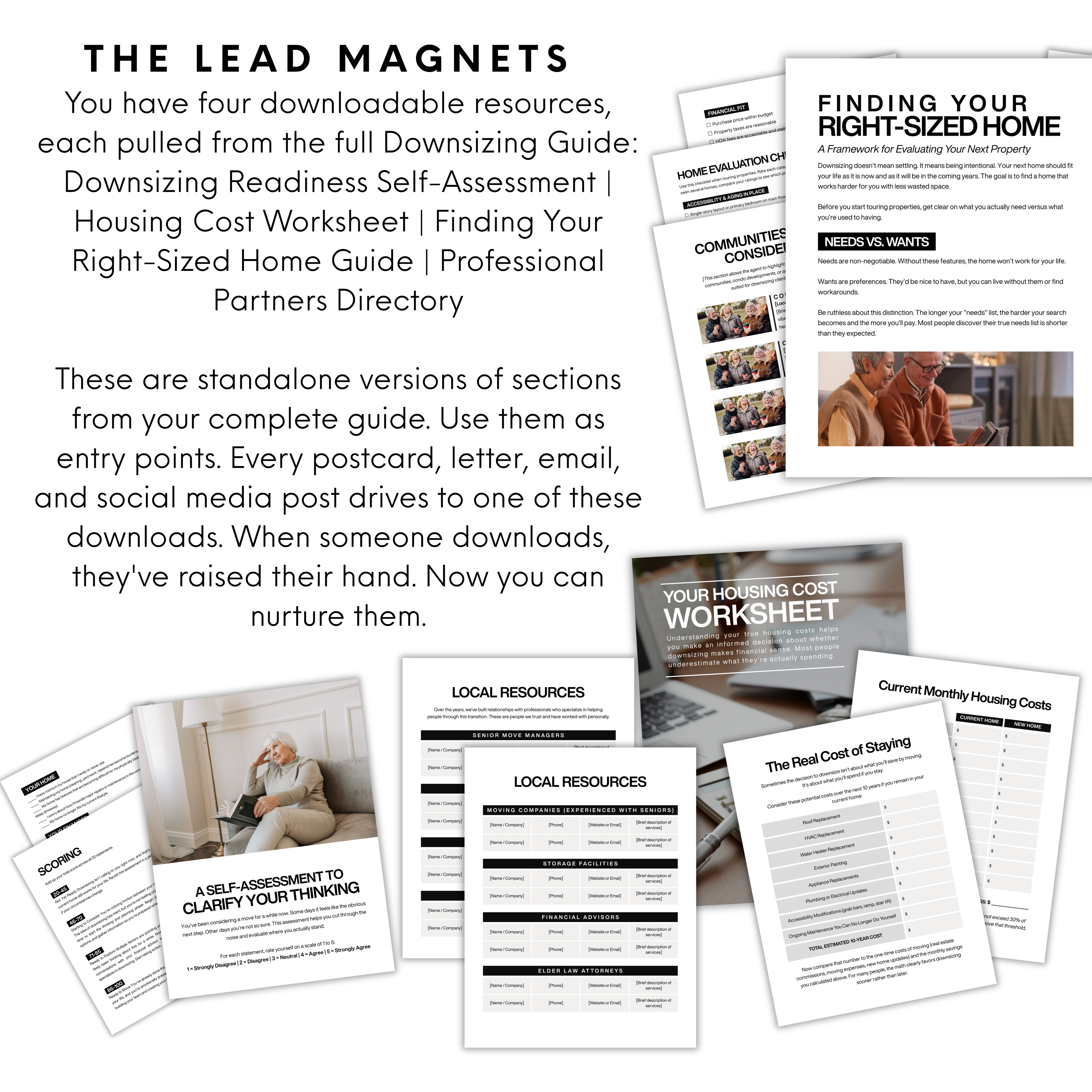 Four downloadable lead magnets for real estate agents including downsizing self-assessment, housing cost worksheet, finding your right-sized home guide, and professional partners directory