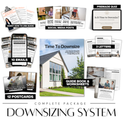 Complete downsizing marketing system for real estate agents including guide book, 12 postcards, 10 emails, 3 letters, social media posts, quiz, and worksheets for generating senior listing leads