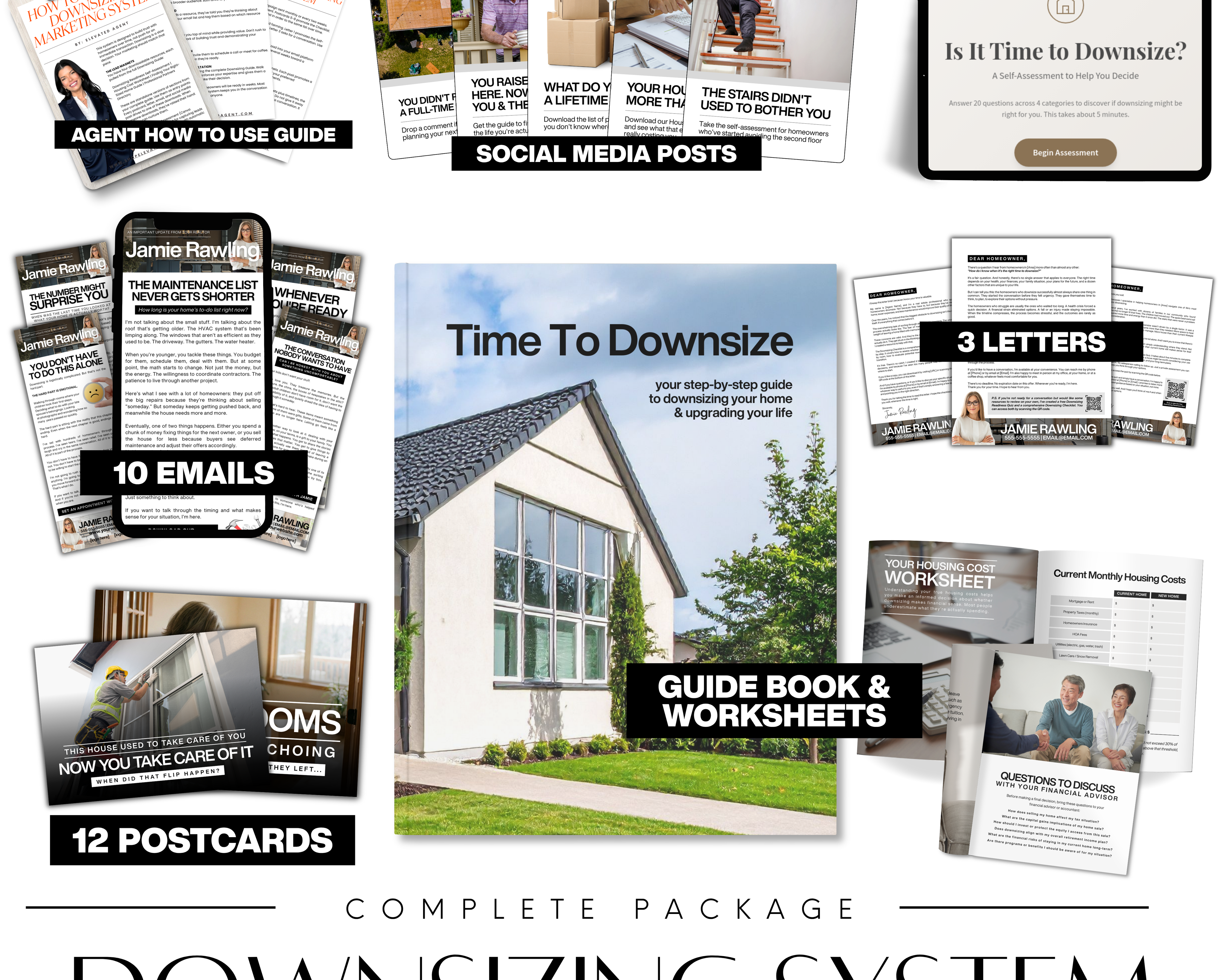 Complete downsizing marketing system for real estate agents including guide book, 12 postcards, 10 emails, 3 letters, social media posts, quiz, and worksheets for generating senior listing leads