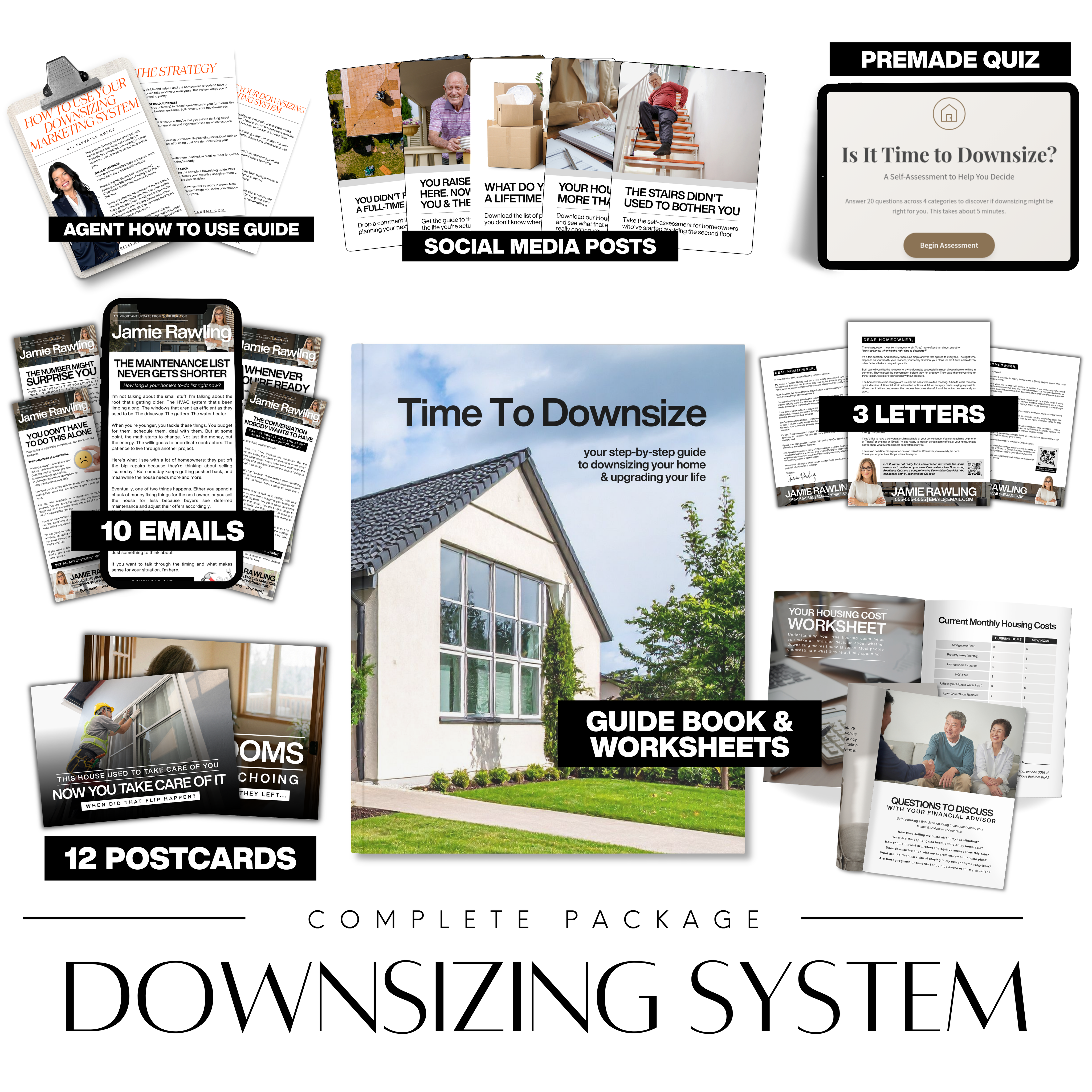 Complete downsizing marketing system for real estate agents including guide book, 12 postcards, 10 emails, 3 letters, social media posts, quiz, and worksheets for generating senior listing leads