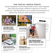 Five social media post templates for real estate agents promoting downsizing lead magnets with headlines about empty nesters, housing costs, stairs, and lifetime of stuff