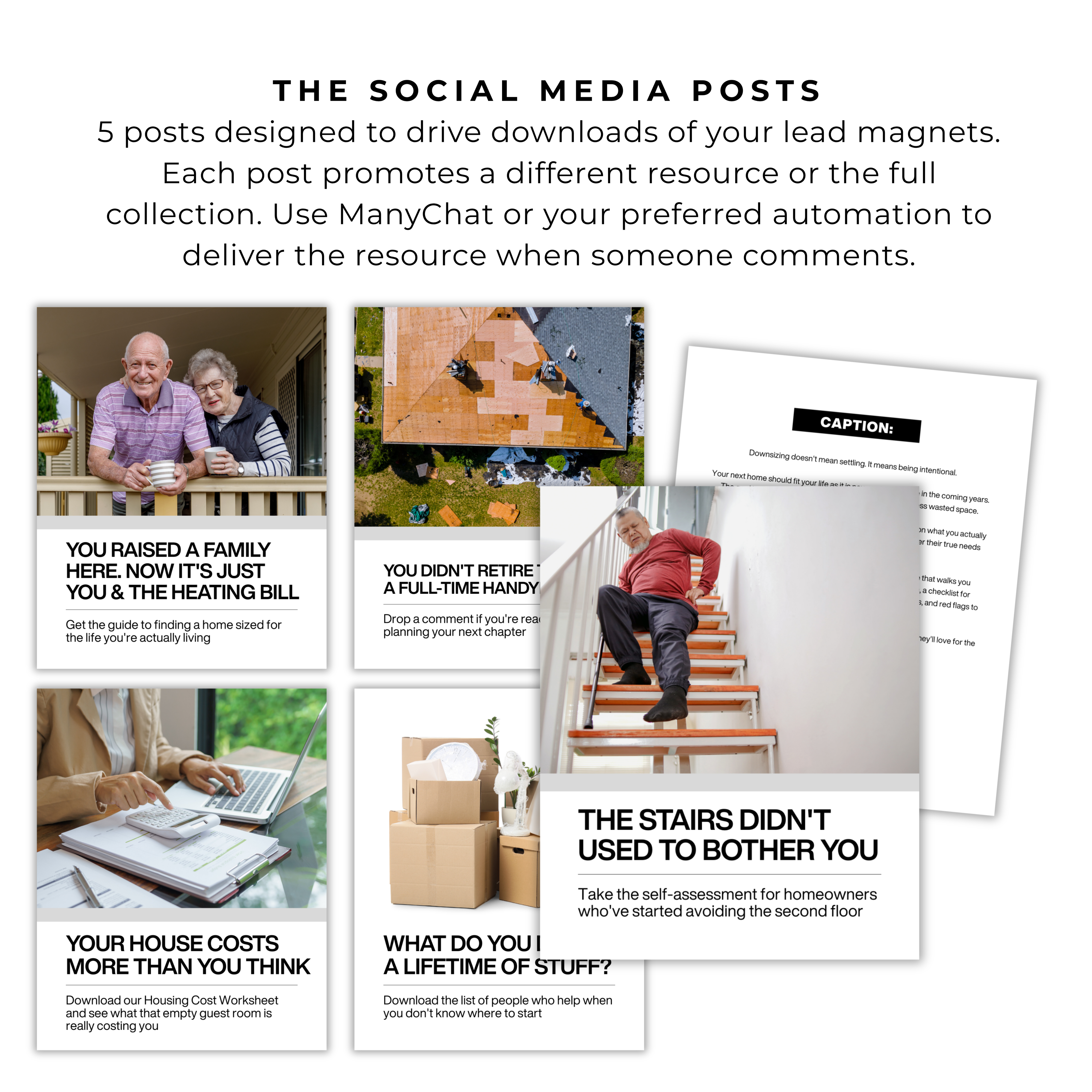 Five social media post templates for real estate agents promoting downsizing lead magnets with headlines about empty nesters, housing costs, stairs, and lifetime of stuff