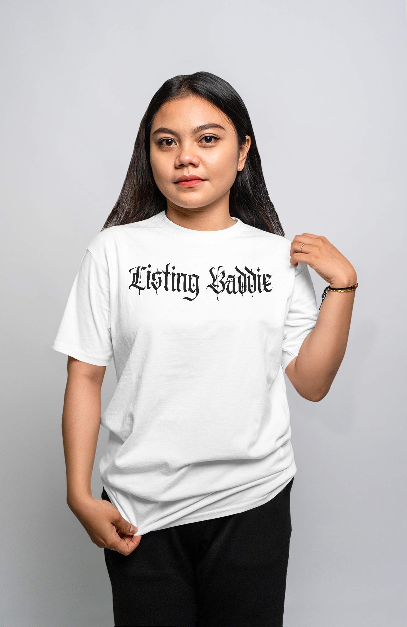 Listing Baddie Gothic Script White T-Shirt