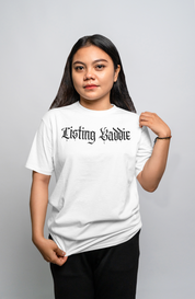 Listing Baddie Gothic Script White T-Shirt