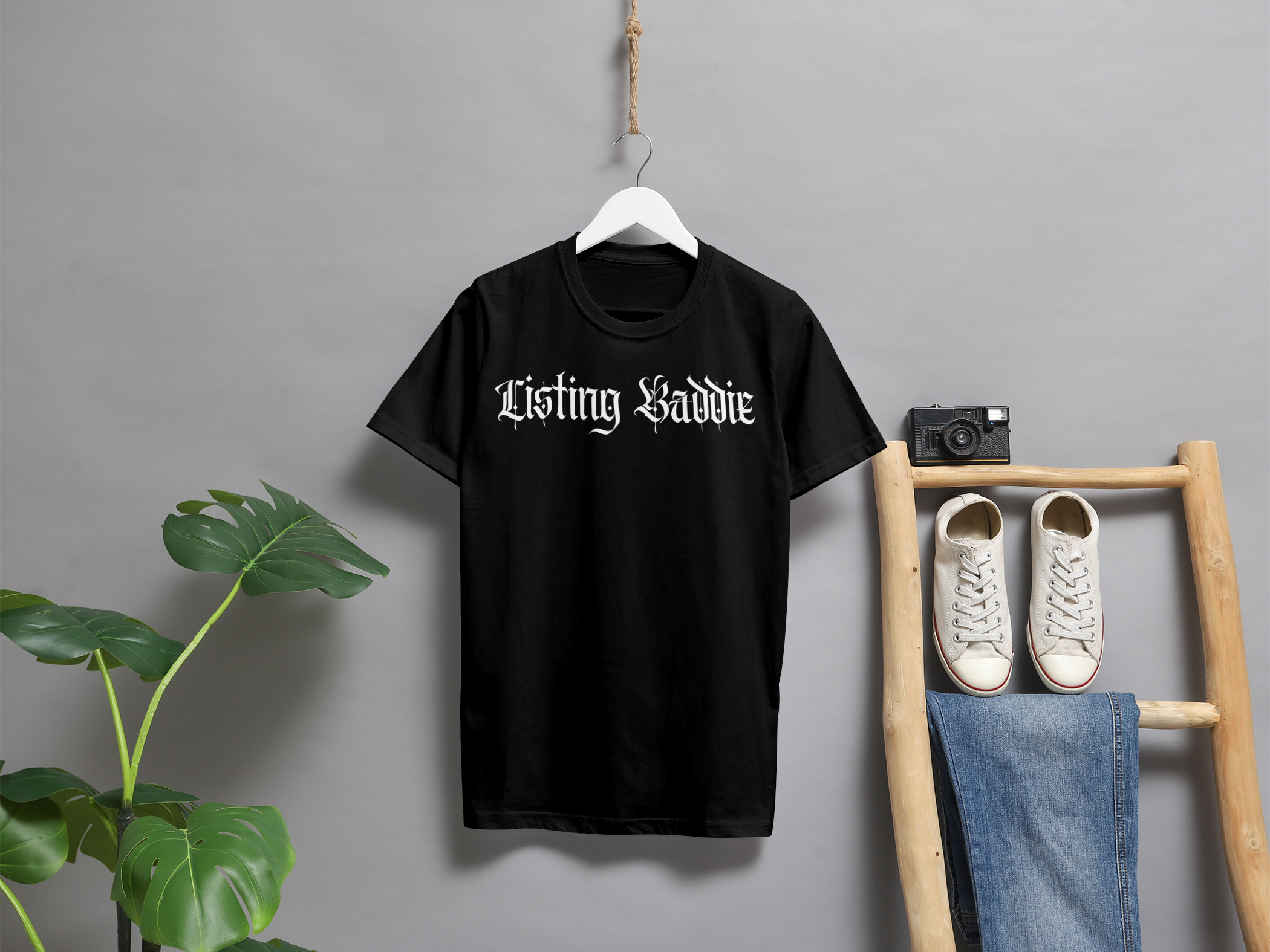 Listing Baddie Gothic Script White T-Shirt