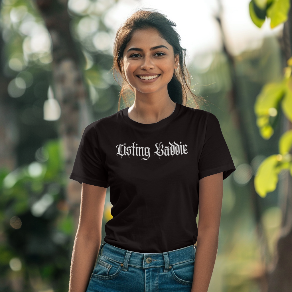 Listing Baddie Gothic Script White T-Shirt