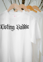Listing Baddie Gothic Script White T-Shirt