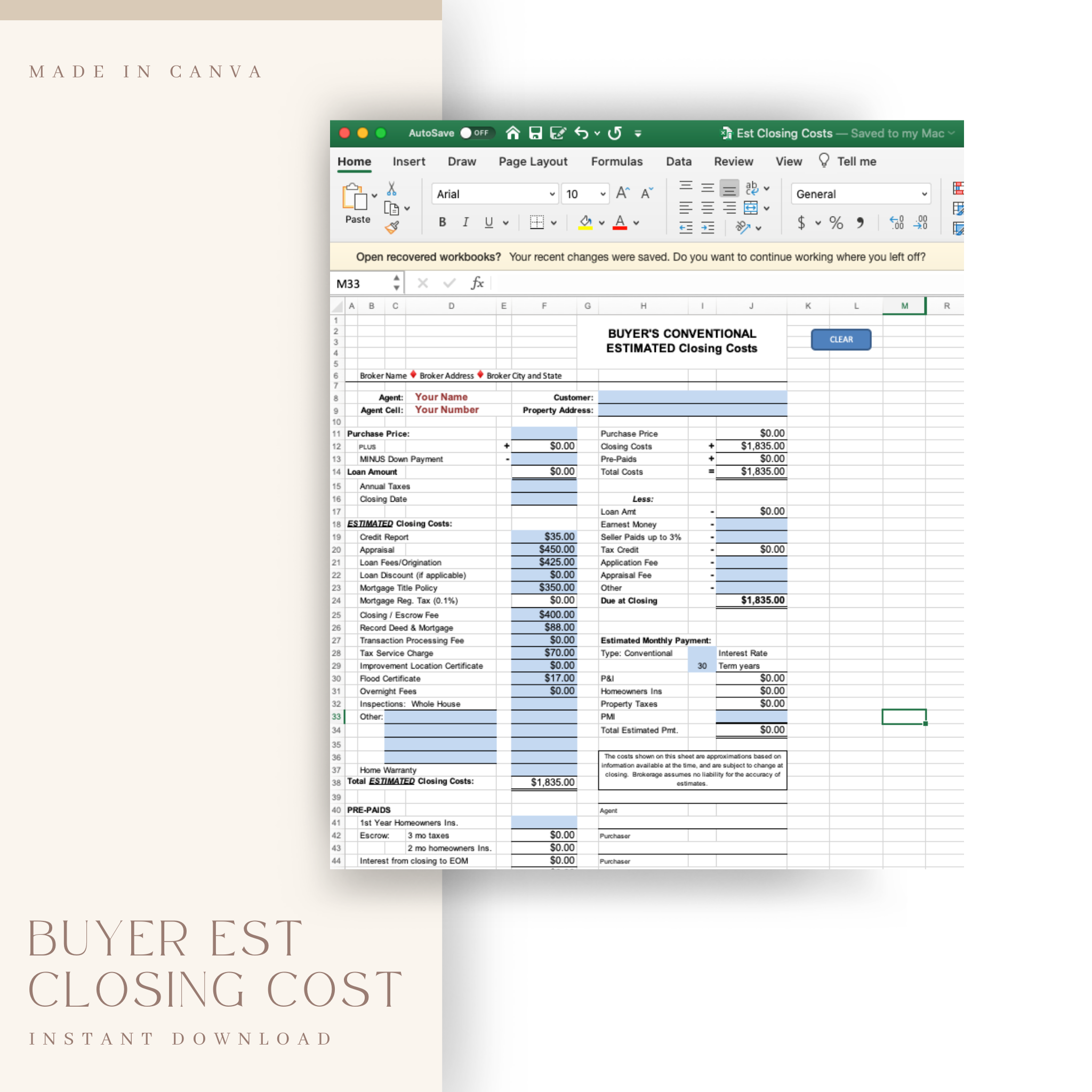 Buyers Estimated Closing CostRealtor Cost Excel Spreadsheet Elevated