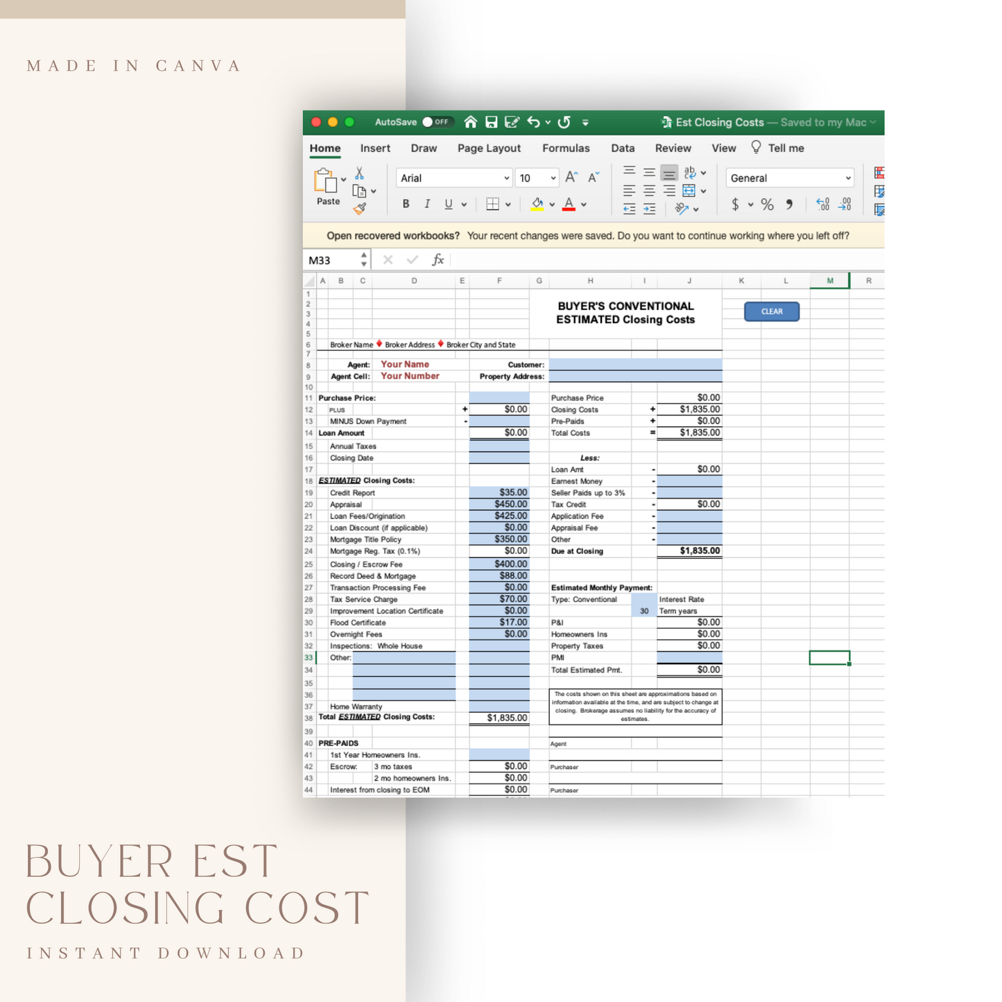 Buyers Estimated Closing Cost-Realtor Cost Excel Spreadsheet