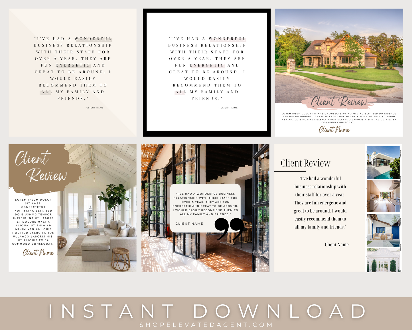 Six Template Examples of Social Media Marketing Template for Realtors to post Reviews and Client Testimony, Real Estate Marketing, Instant Download. Real Estate Template – 20 Real Estate Testimony Posts