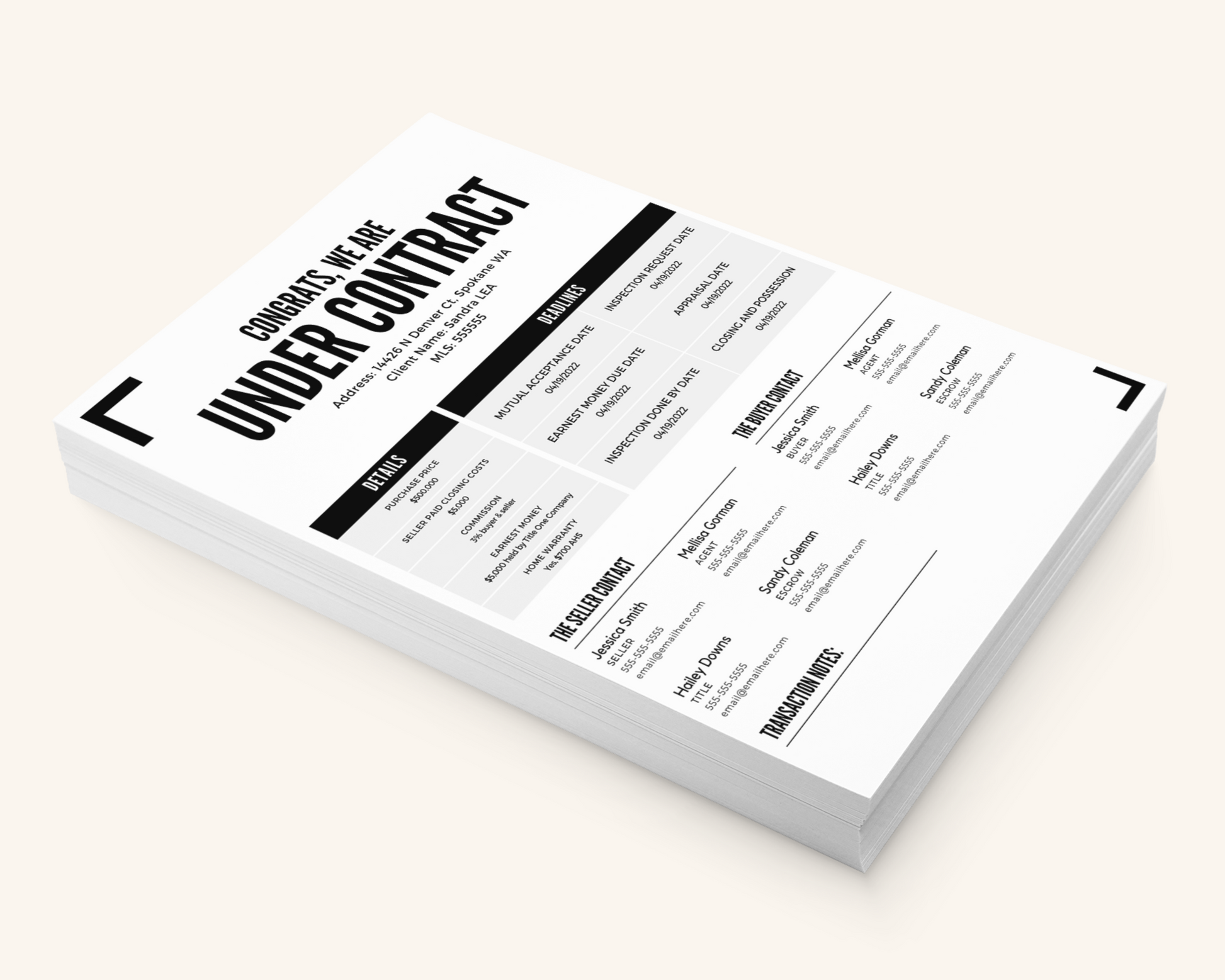 Real Estate Template for Transaction Summary Real Estate Template for Realtors Transaction Summary Black and White Real Estate Template