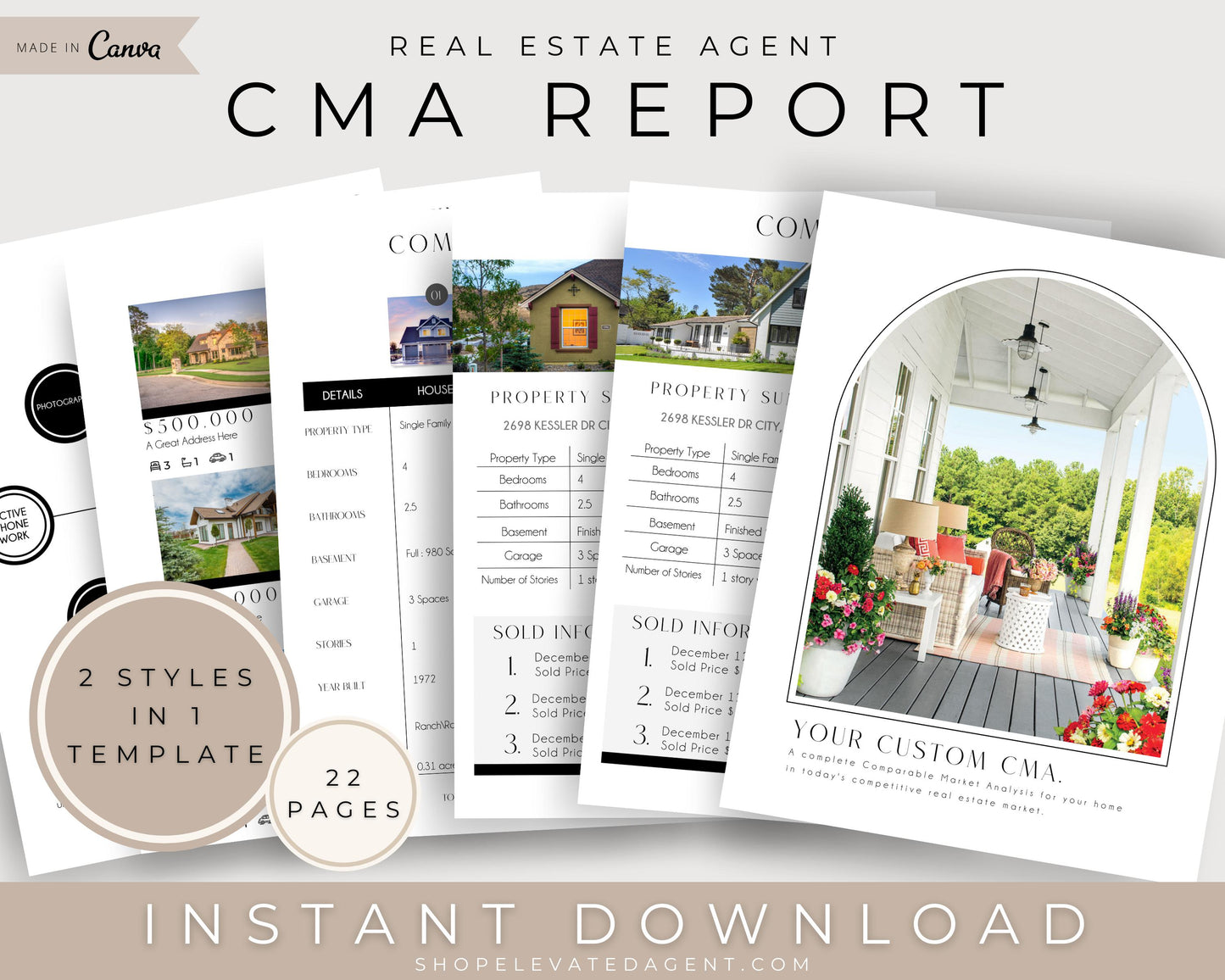 Comparable Market Analysis Report - Real Estate Agent, Realtor Marketing - Instant Download with 22 pages, 2 styles in 1 Template Made in Canva