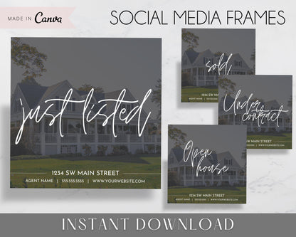 Real Estate Facebook and Instagram Frames - Just Listed , Sold, Open House, Under Contract Posts - Social Media Real Estate Marketing for Realtors, Agents - Instant Download 