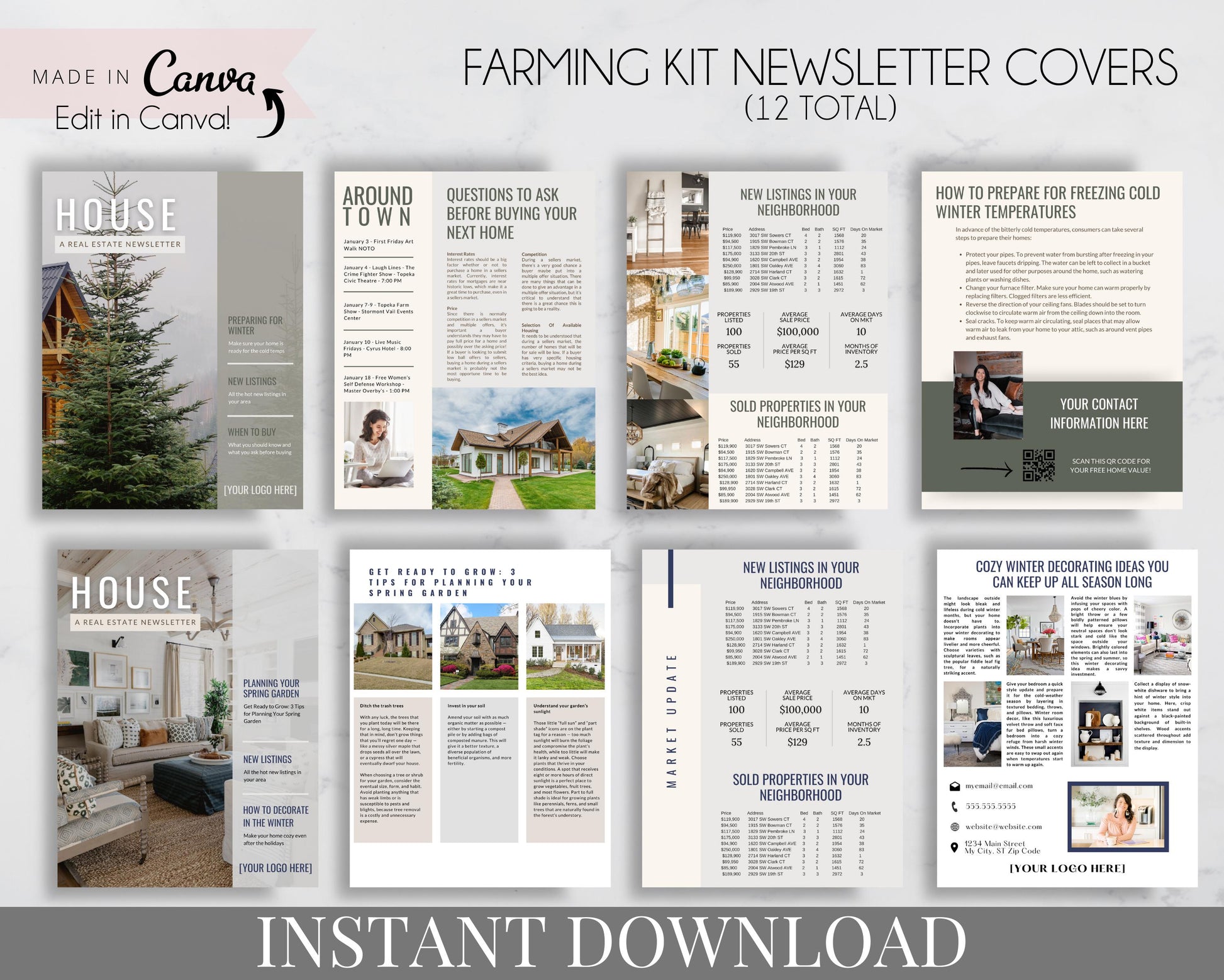 Real Estate Farming Kit Marketing for Realtors, Agents - Instant Download - 12 Newsletter Templates