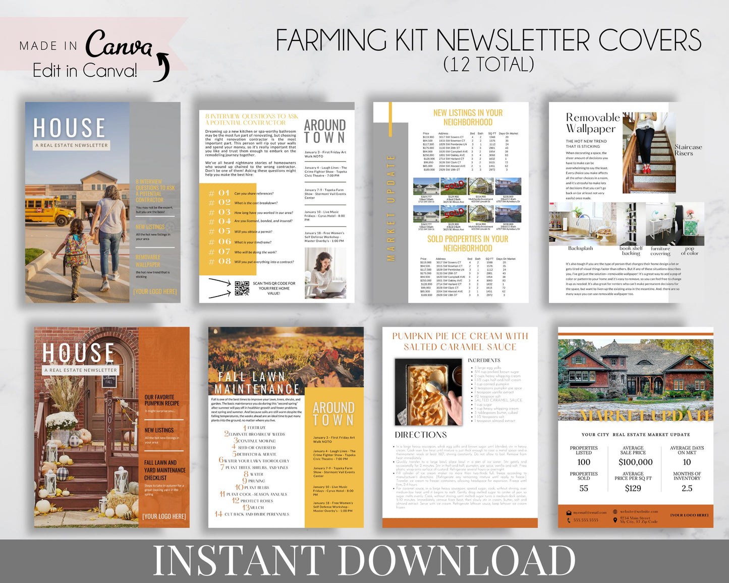 Real Estate Farming Kit Marketing for Realtors, Agents - Instant Download - 12 Monthly Farming Kit Newsletter Covers Templates