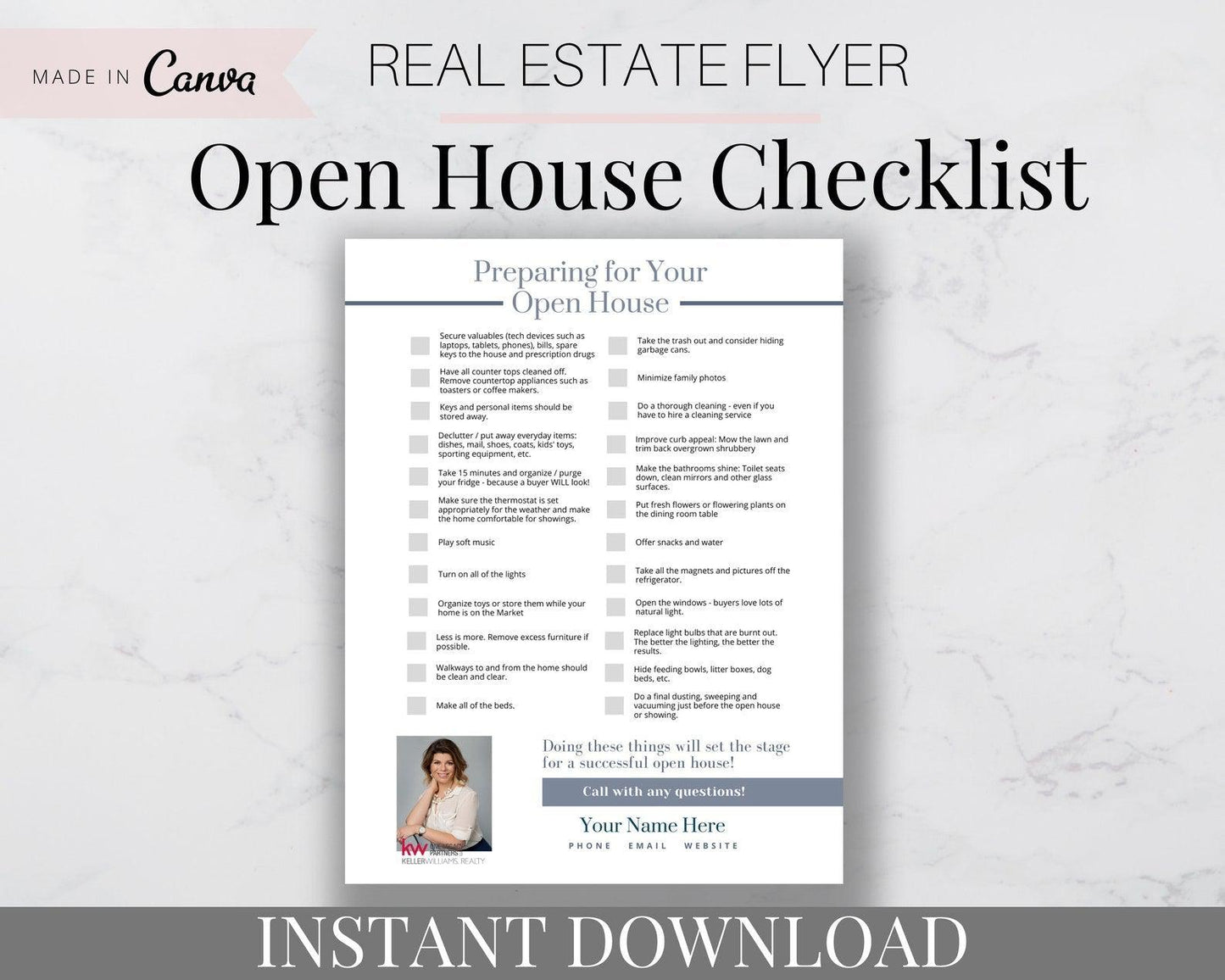 Real Estate Flyer - Open House Checklist for Realtors/Agents to Handout to Home Sellers so they can Prepare for their Open House