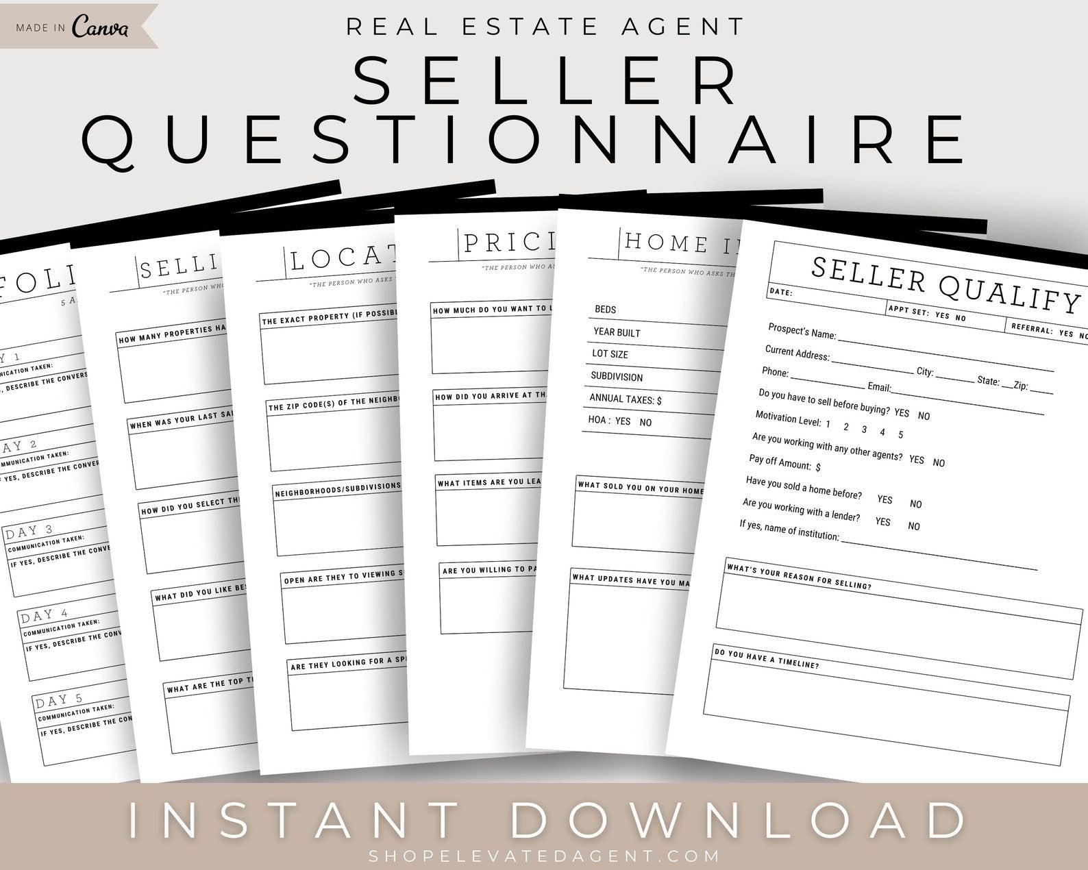 Real Estate Agent Seller Questionnaire Instant Download