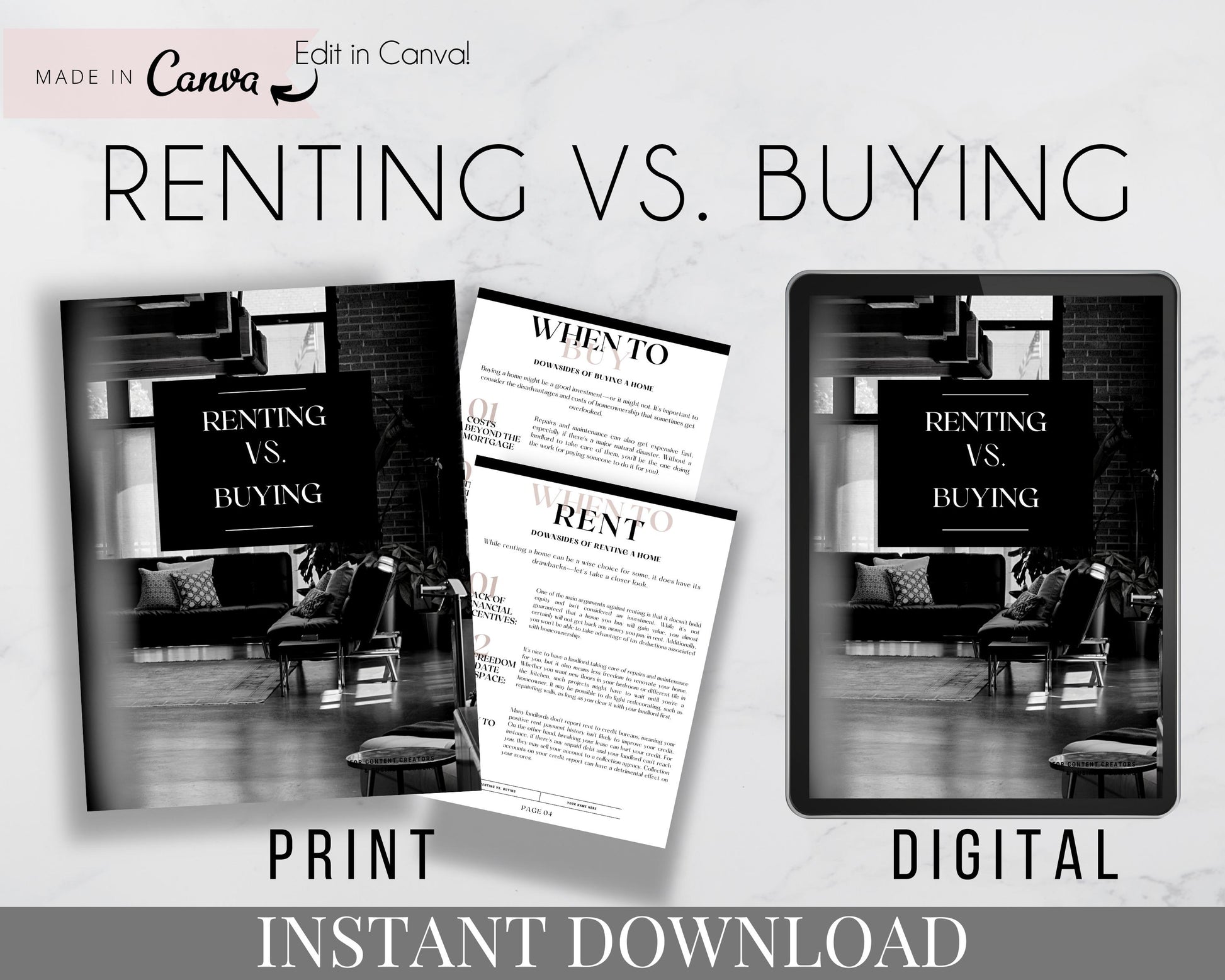 Renting vs. Buying Instant Download for Print or Digital  - Real Estate Agent, Realtor Template